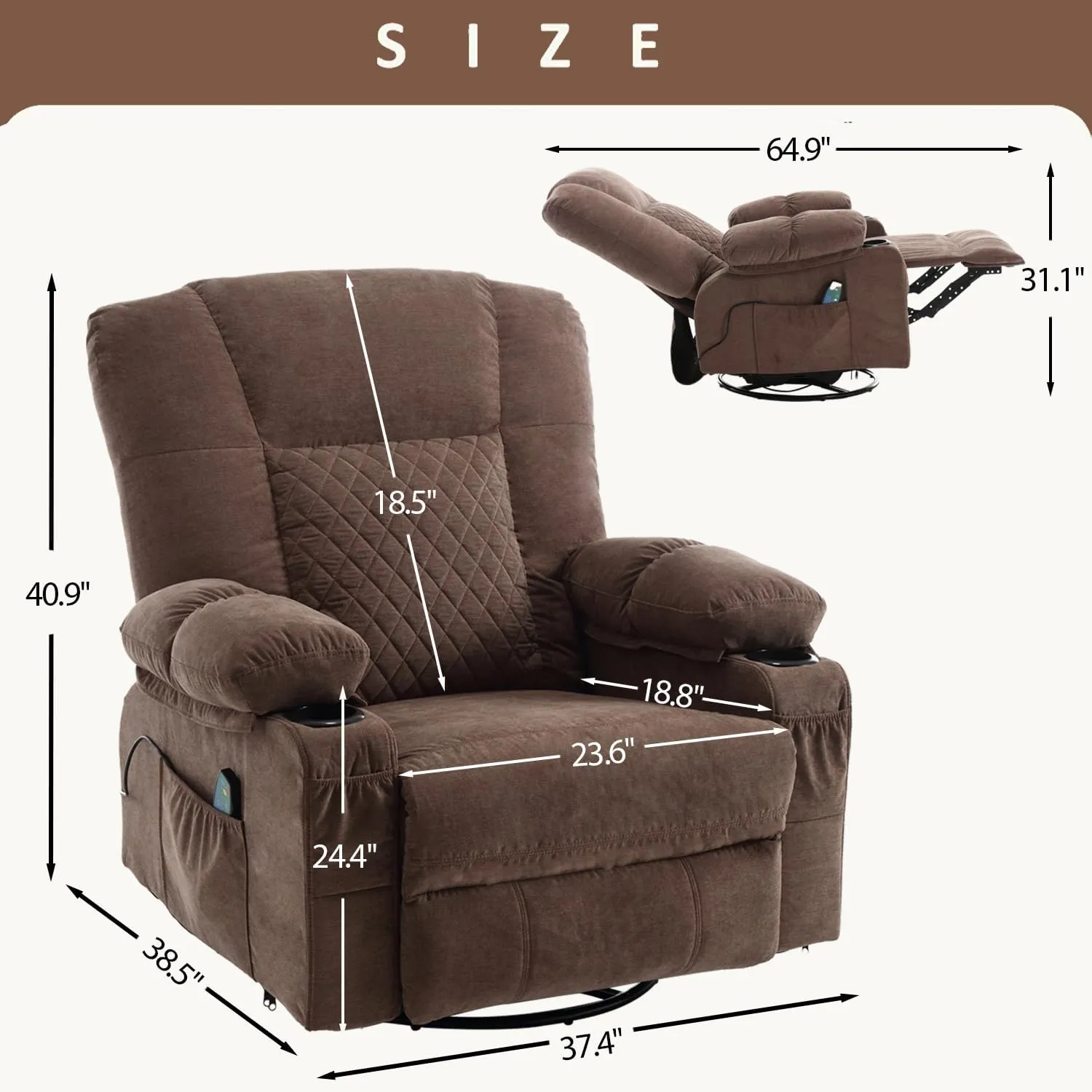 Swivel Rocker Recliner Chair for Adults with Massage Vibration, Overstuffed Soft Fabric Recliner with Heat, Modern Manual Rocking Recliner with Cup Holders, for Living Room, Home Theater(Brown)