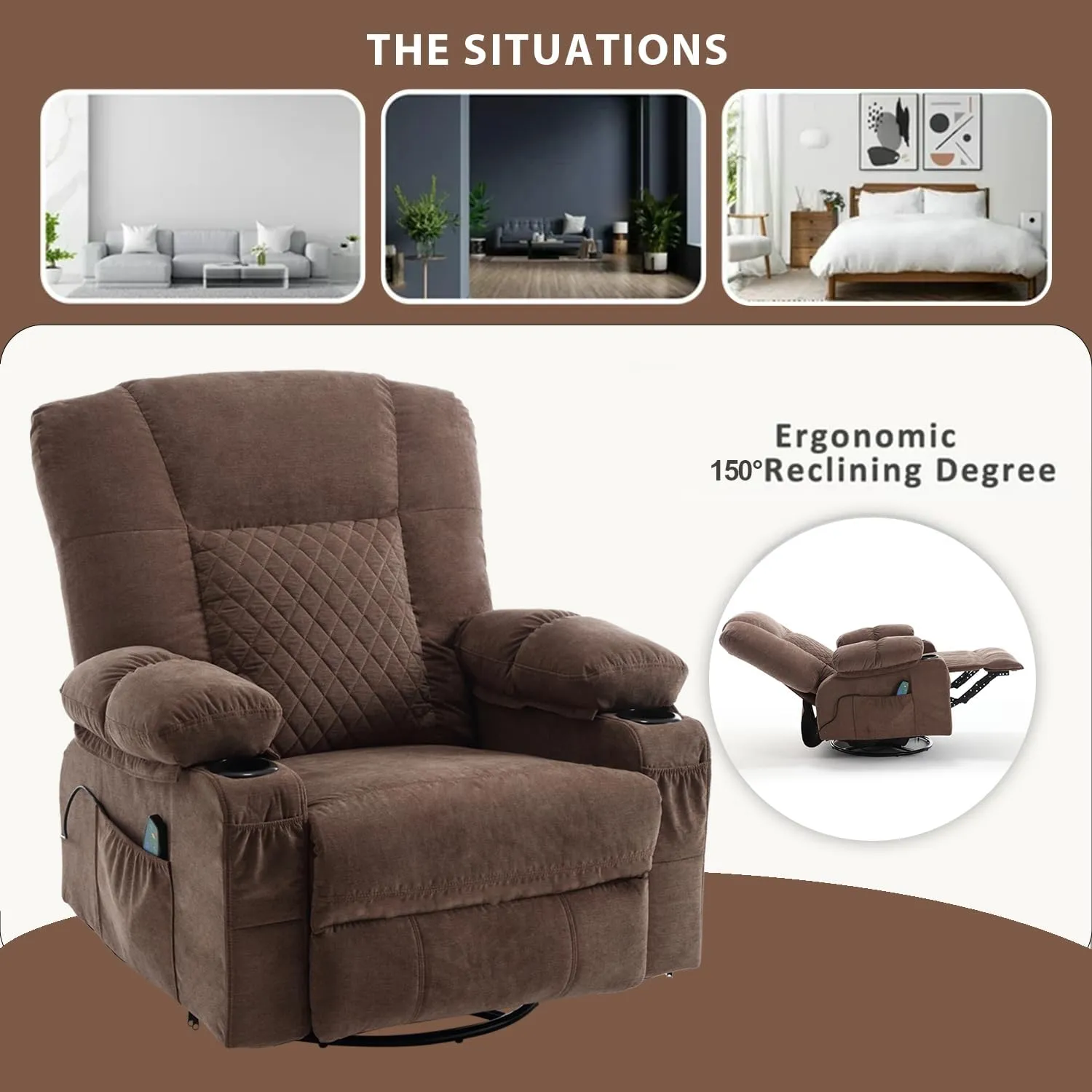 Swivel Rocker Recliner Chair for Adults with Massage Vibration, Overstuffed Soft Fabric Recliner with Heat, Modern Manual Rocking Recliner with Cup Holders, for Living Room, Home Theater(Brown)
