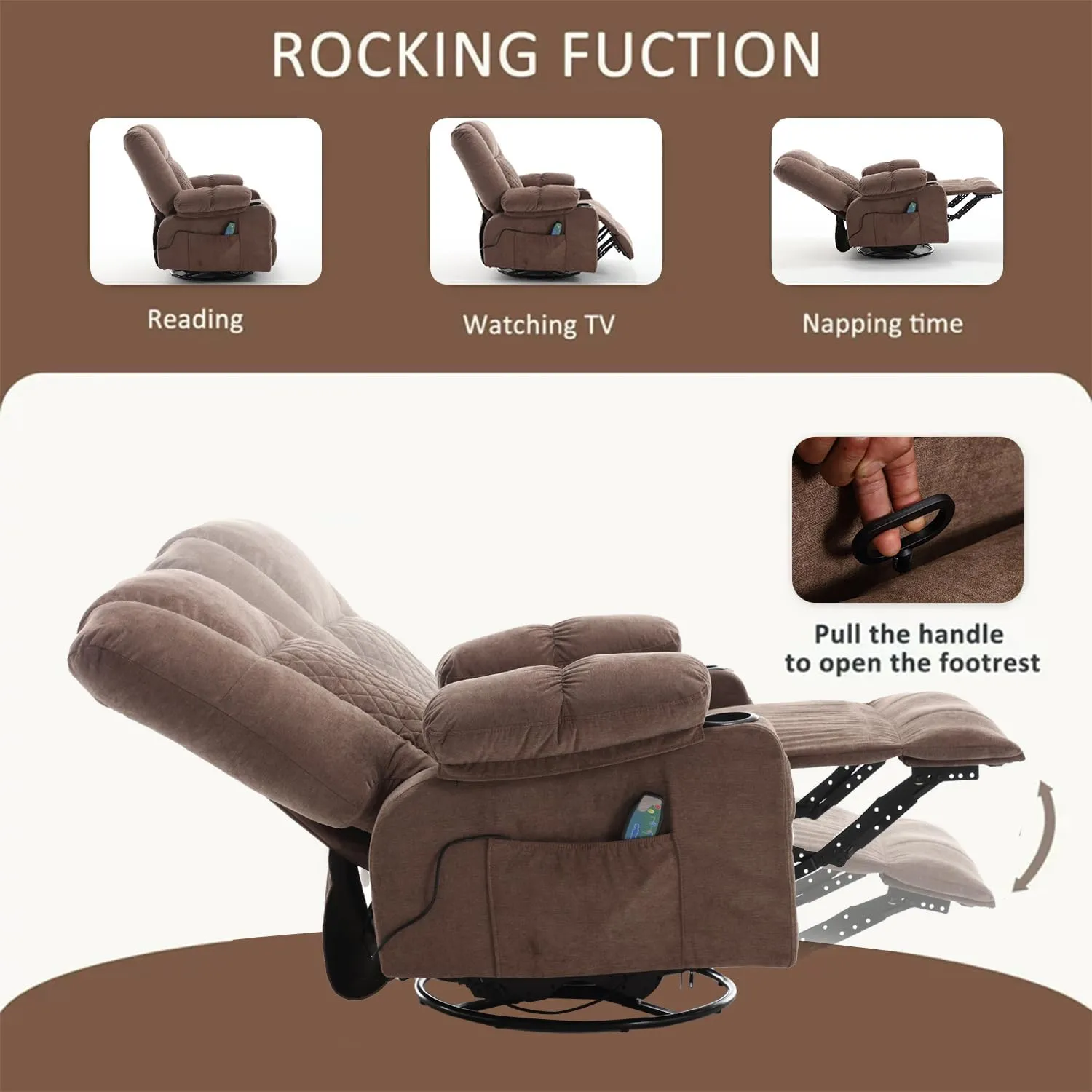 Swivel Rocker Recliner Chair for Adults with Massage Vibration, Overstuffed Soft Fabric Recliner with Heat, Modern Manual Rocking Recliner with Cup Holders, for Living Room, Home Theater(Brown)
