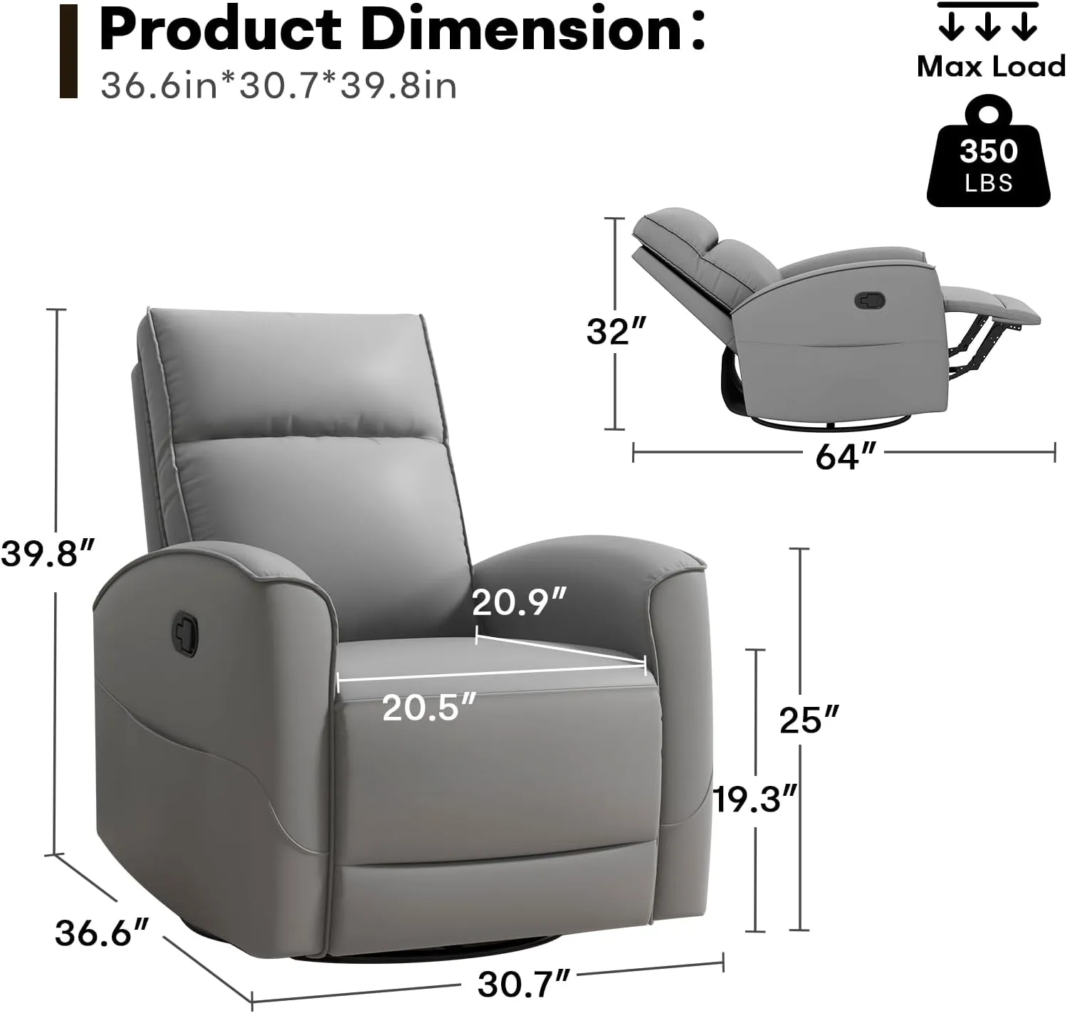 Swivel Rocker Recliner Chair, Manual Faux Leather Glider Rocking Recliners for Adults, 360° Swivel Nursery Reclining Sofa with Storage Pocket