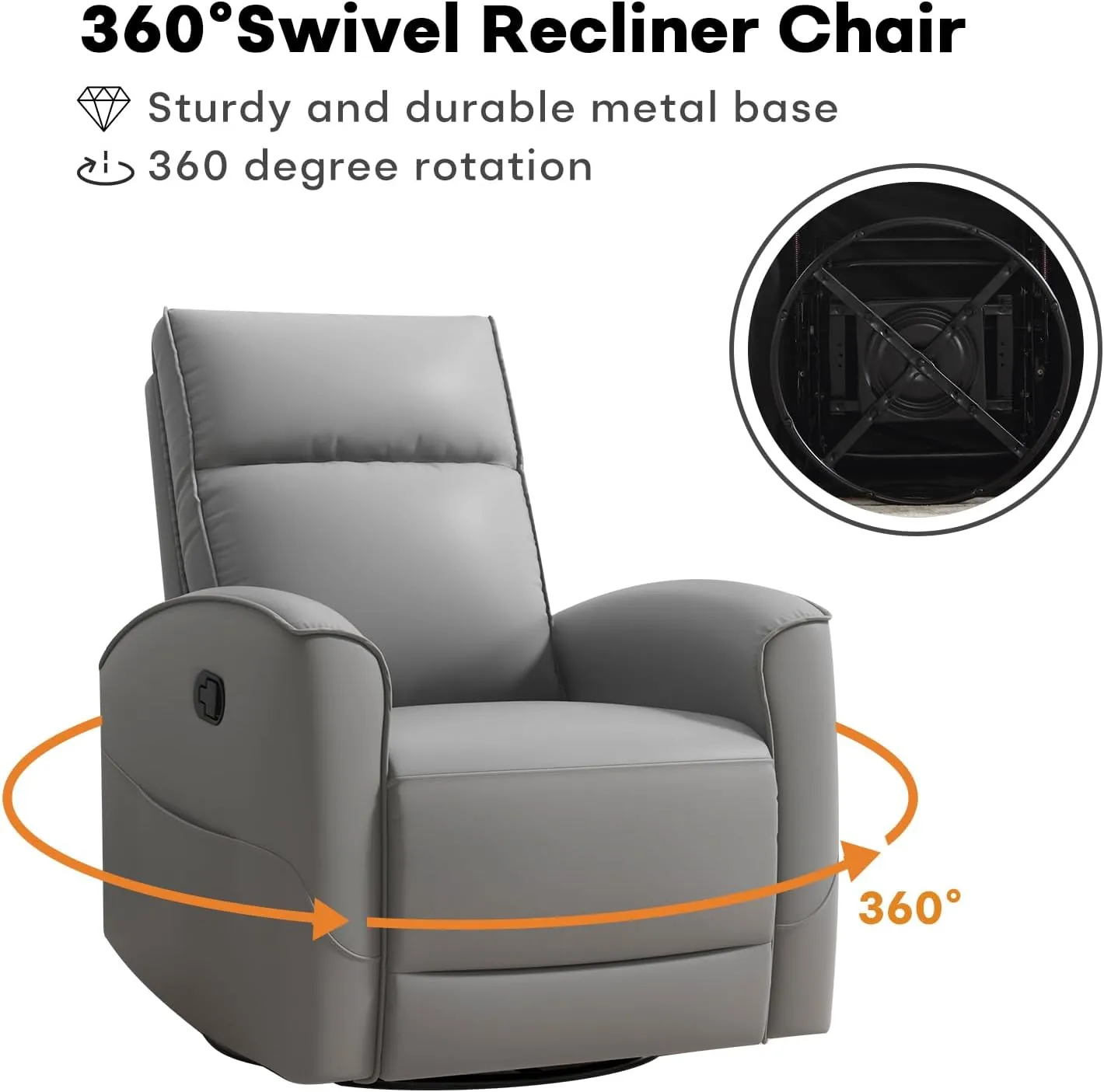 Swivel Rocker Recliner Chair, Manual Faux Leather Glider Rocking Recliners for Adults, 360° Swivel Nursery Reclining Sofa with Storage Pocket
