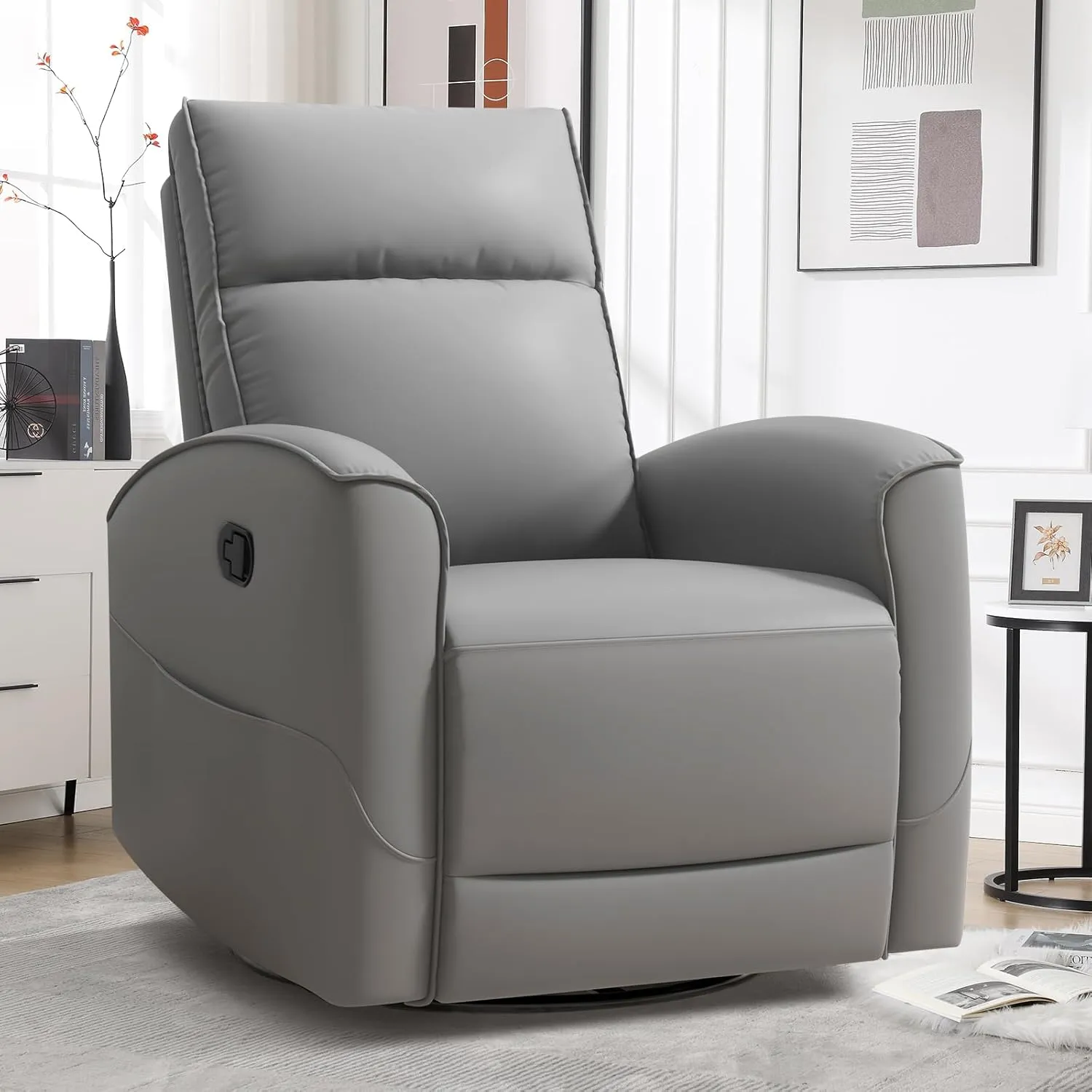 Swivel Rocker Recliner Chair, Manual Faux Leather Glider Rocking Recliners for Adults, 360° Swivel Nursery Reclining Sofa with Storage Pocket