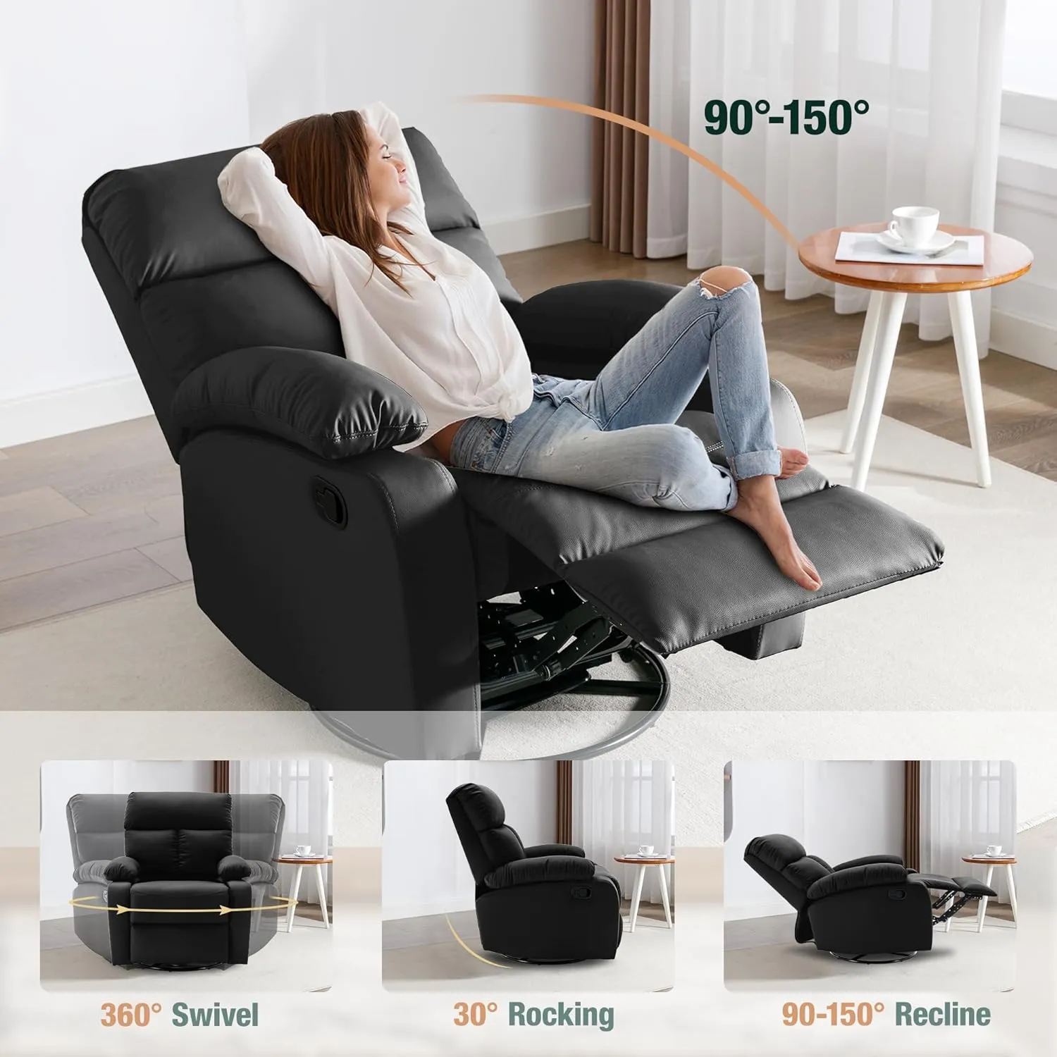 Swivel Rocker Recliner, Rocking Recliners Chair for Small Spaces, Small Rocker Recliner Chair, Nursery Rocking Chairs for Living Room, RV, Nursery, Black