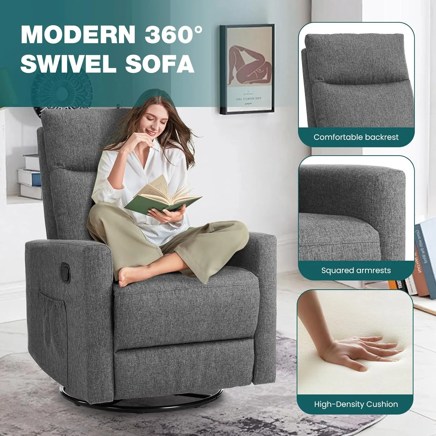 Swivel Rocking Recliner Chair with Extra Large Footrest High Back, Upholstered Glider Nursery Chair for Living Room, Bedroom & Nursery, Comfortable Deep Seat for Relaxation, Grey