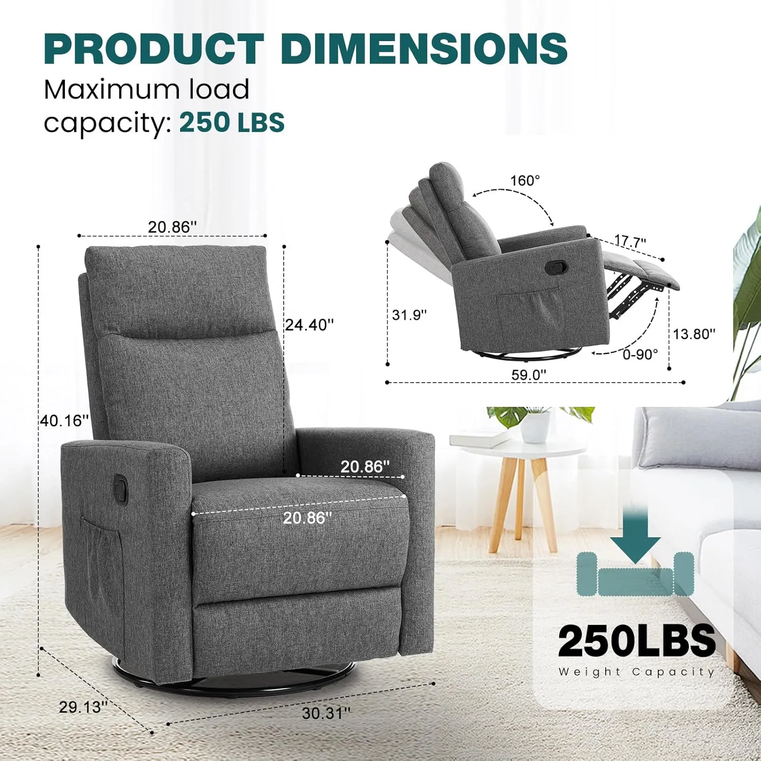 Swivel Rocking Recliner Chair with Extra Large Footrest High Back, Upholstered Glider Nursery Chair for Living Room, Bedroom & Nursery, Comfortable Deep Seat for Relaxation, Grey