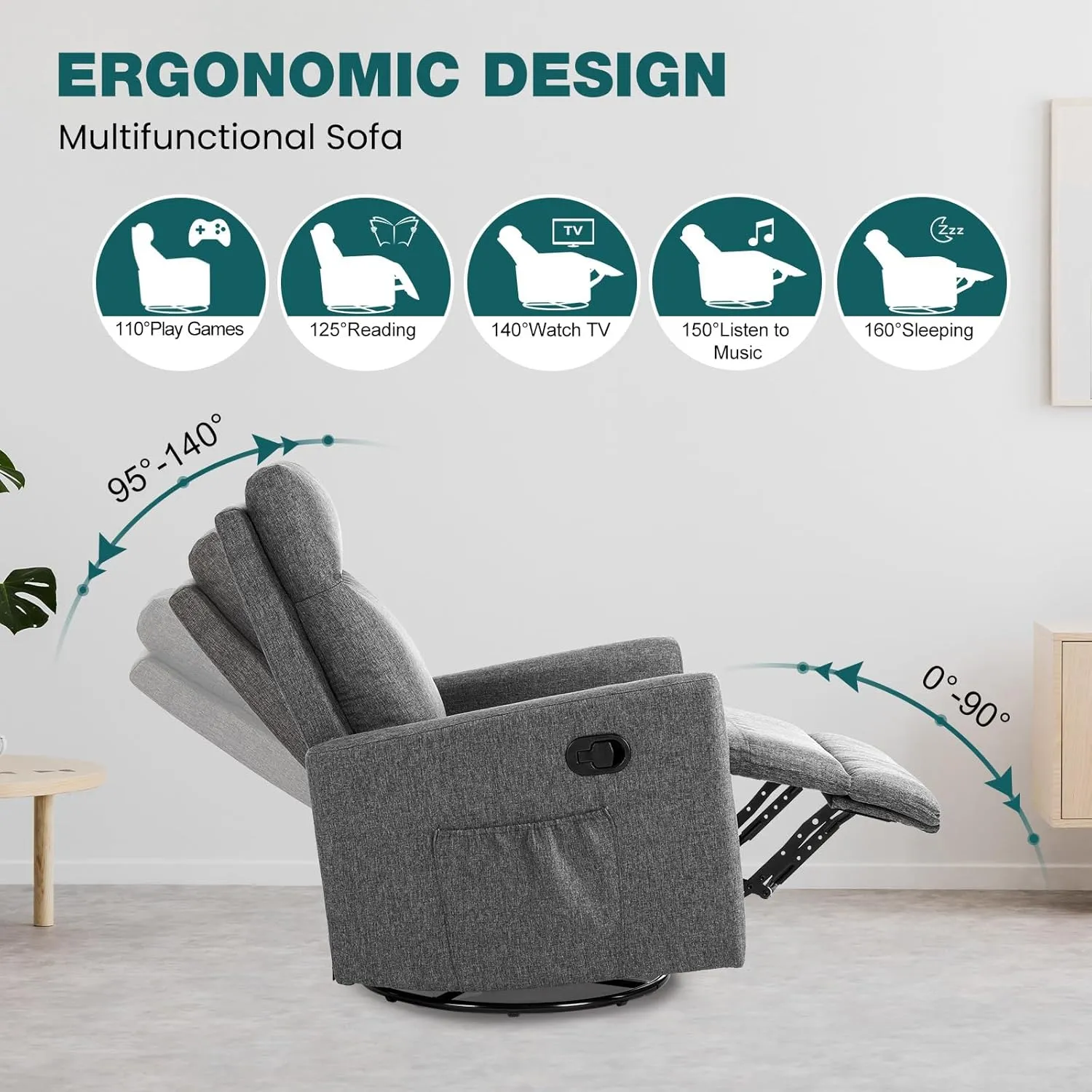 Swivel Rocking Recliner Chair with Extra Large Footrest High Back, Upholstered Glider Nursery Chair for Living Room, Bedroom & Nursery, Comfortable Deep Seat for Relaxation, Grey