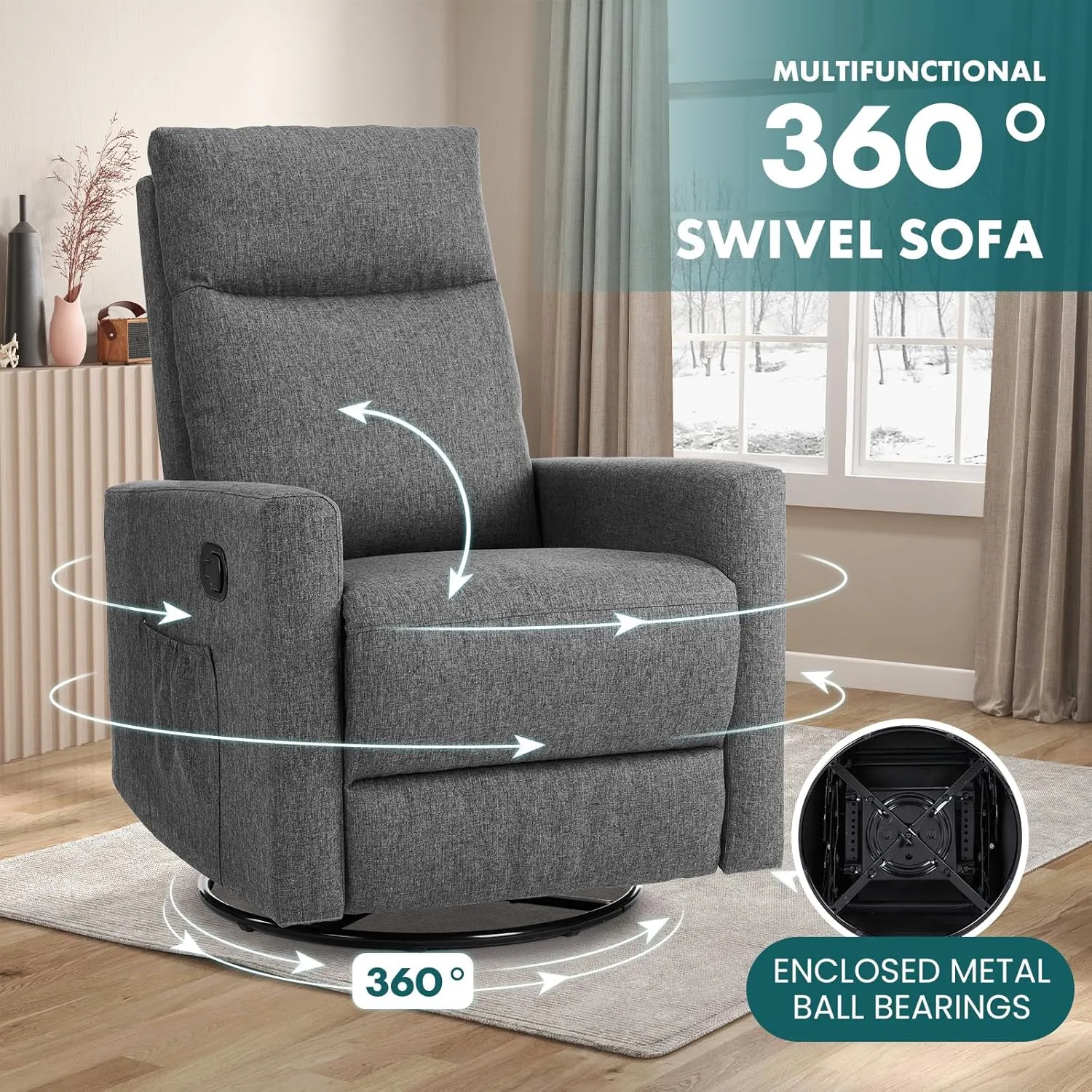Swivel Rocking Recliner Chair with Extra Large Footrest High Back, Upholstered Glider Nursery Chair for Living Room, Bedroom & Nursery, Comfortable Deep Seat for Relaxation, Grey