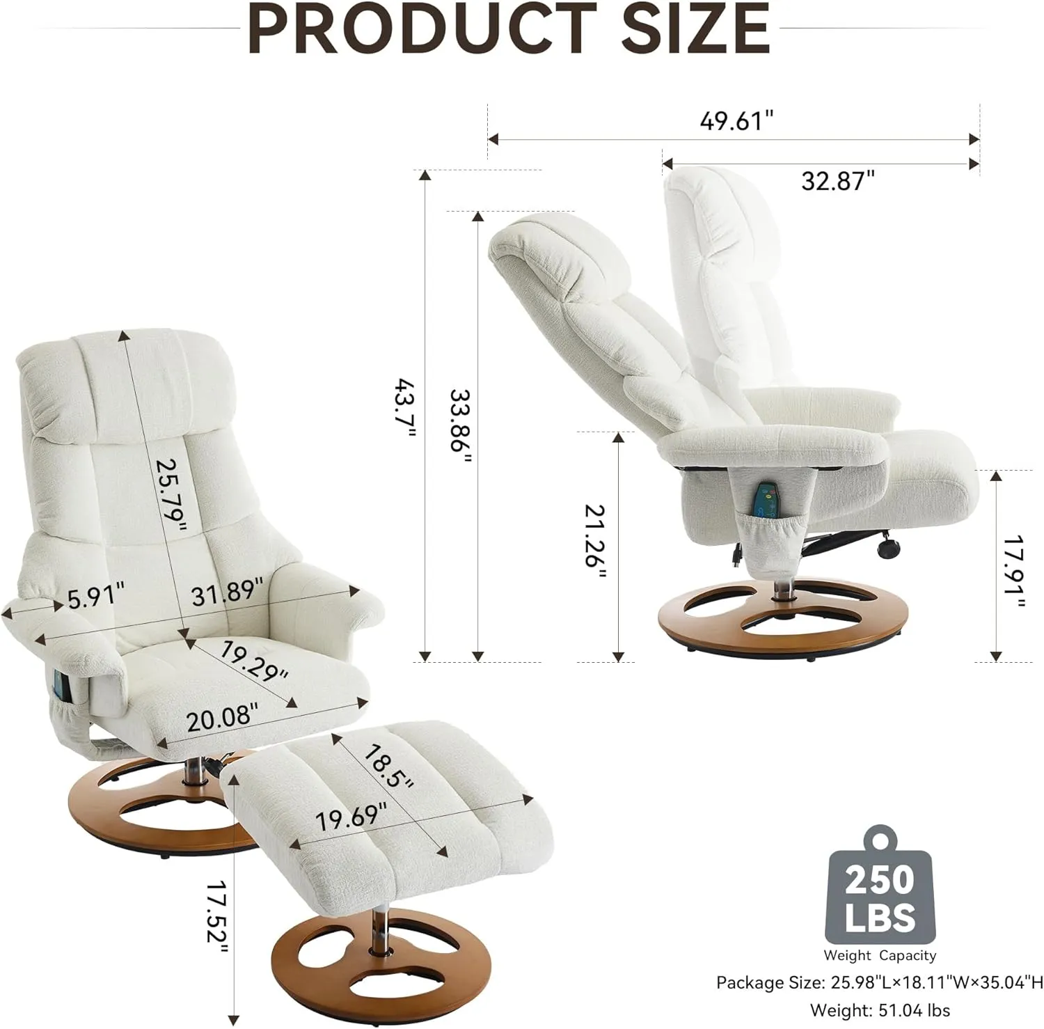 Swivel Stressless Recliner with Ottoman - Swivel Recliner Chairs with Ottoman with Remote-Control Massage System, Massage Recliner Chairs with 360° Rotation, Manual Recliner for Bedroom, Den (White)