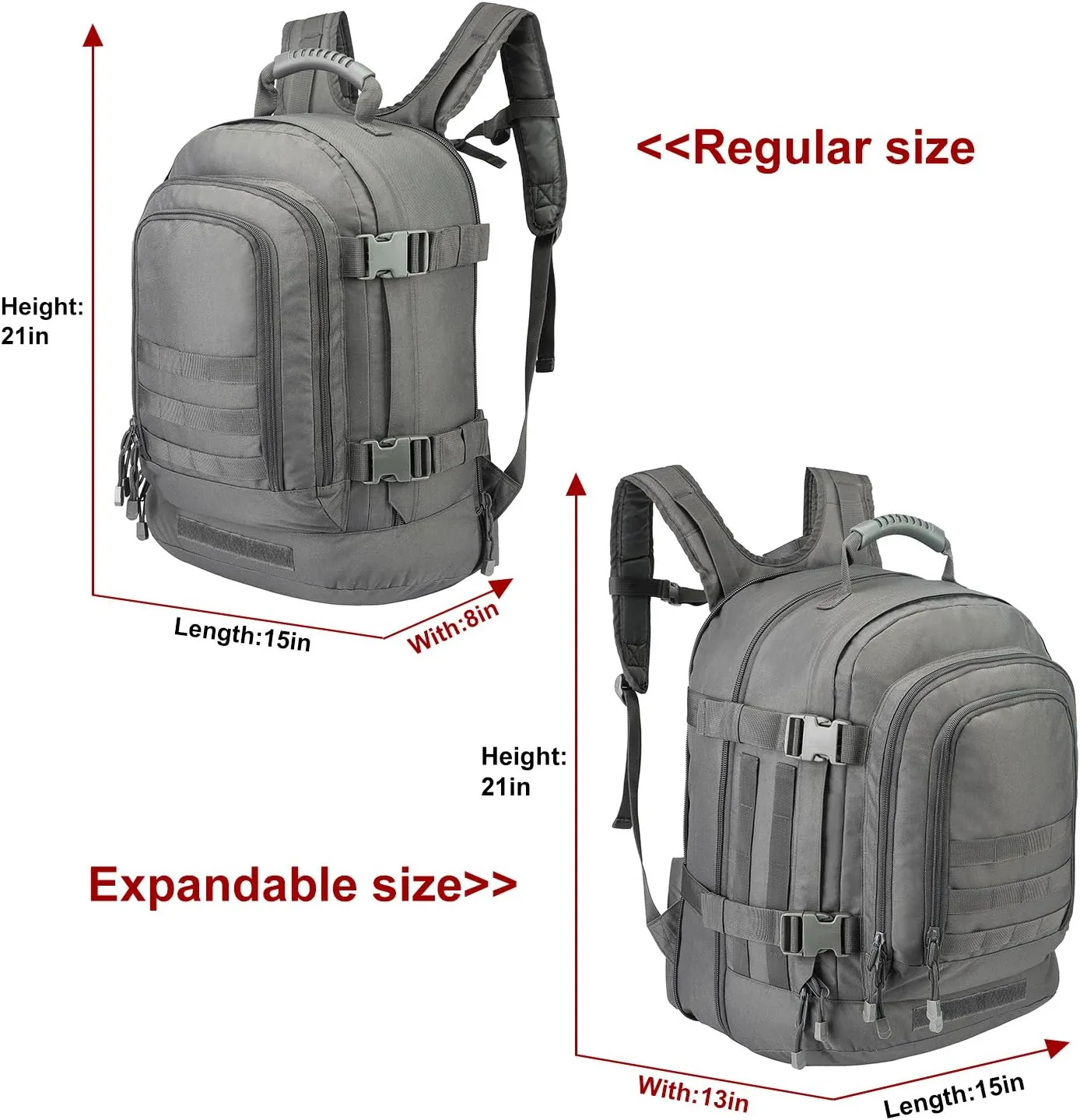 Tactical Backpacks Assault Pack 3 Day Bag Expandable Backpack Out Bag Classic Case Travel Hiking(Gray, with Belt)