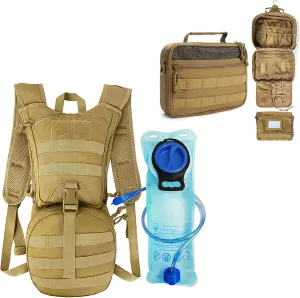 Tactical Hydration Backpack Pack Khaki   Tactical Toiletry Bag Brown