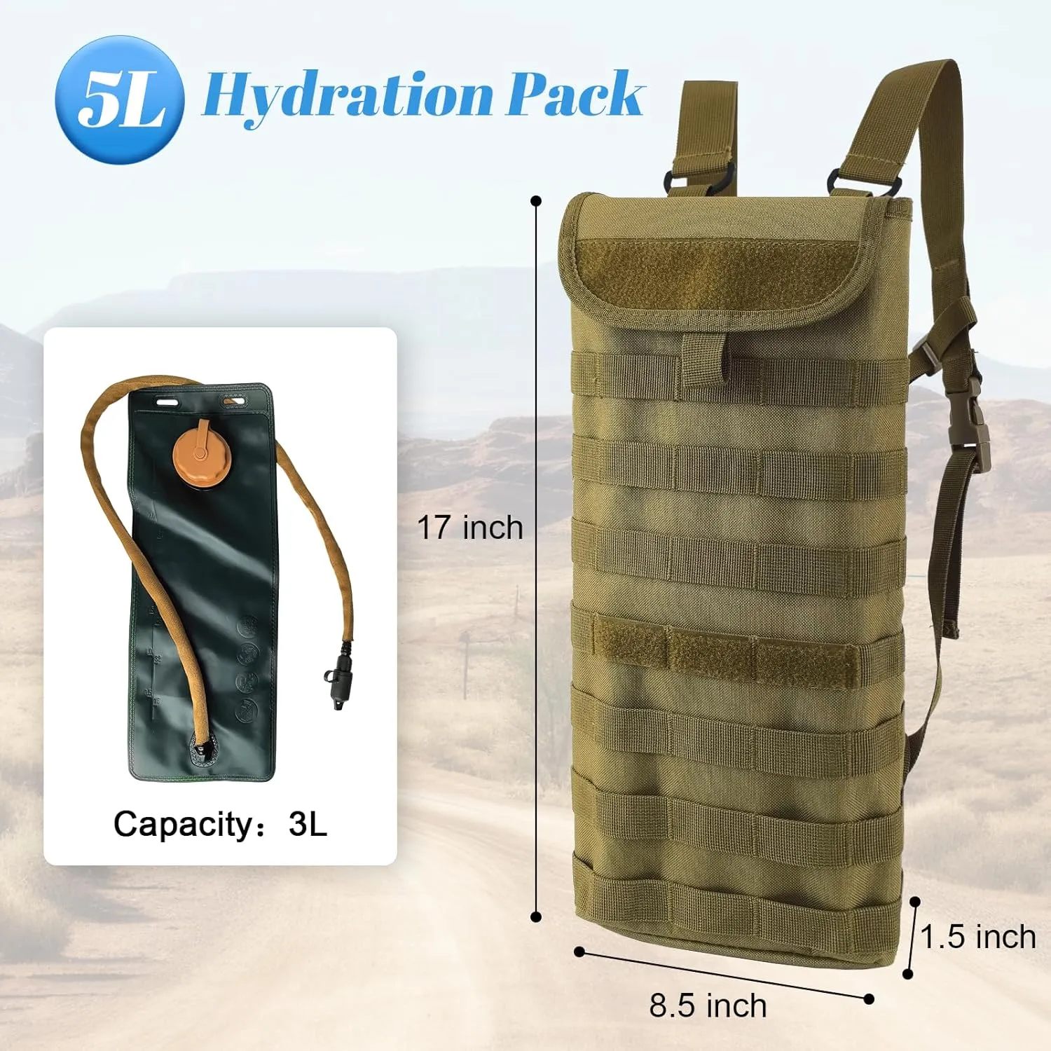 Tactical MOLLE Hydration Pack Carrier Backpack with 3L Water Bladder for Outdoor Sports, Khaki