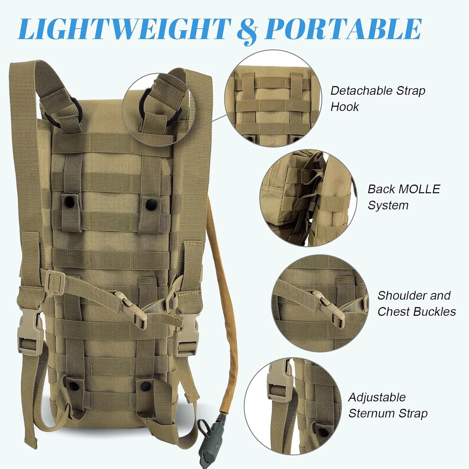 Tactical MOLLE Hydration Pack Carrier Backpack with 3L Water Bladder for Outdoor Sports, Khaki
