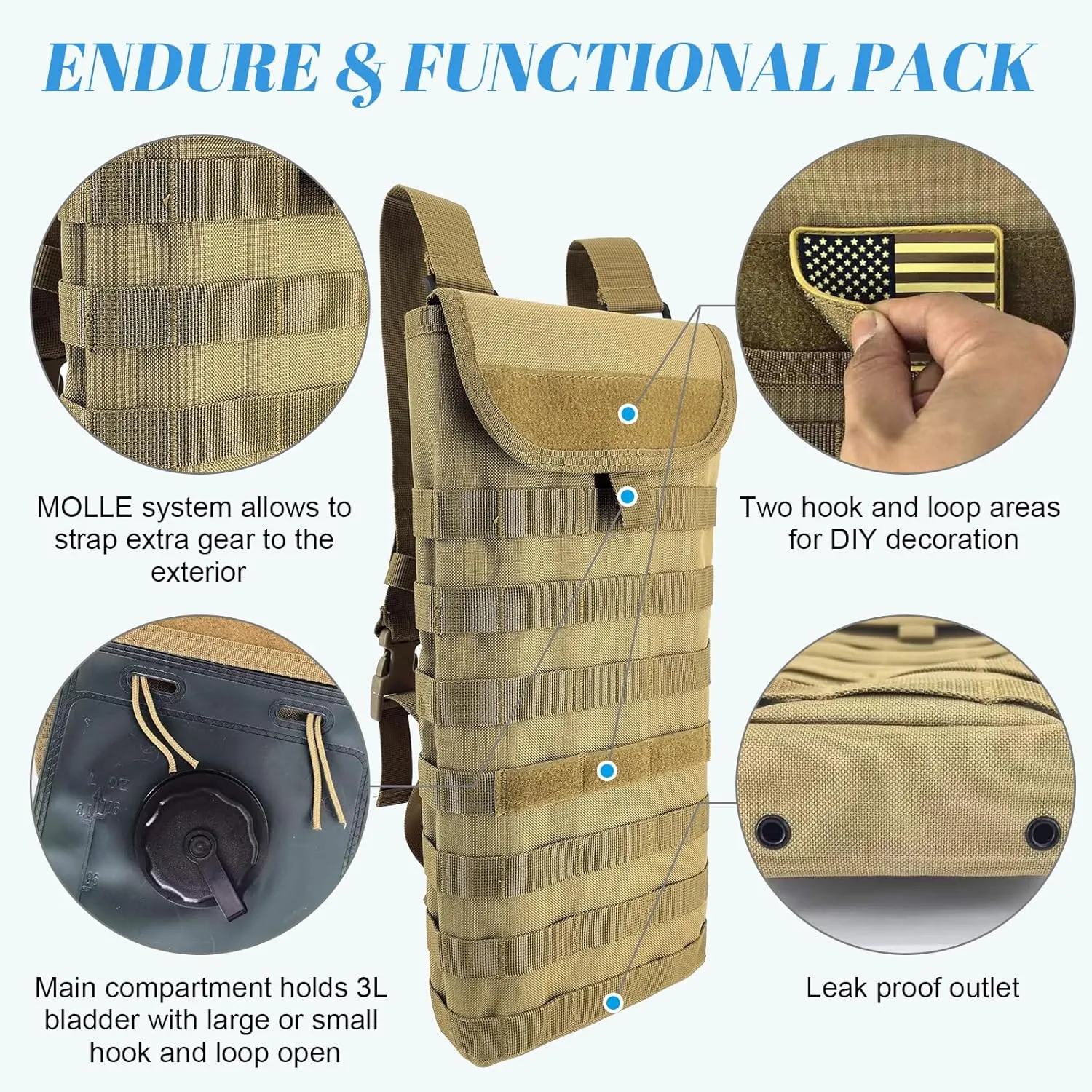 Tactical MOLLE Hydration Pack Carrier Backpack with 3L Water Bladder for Outdoor Sports, Khaki