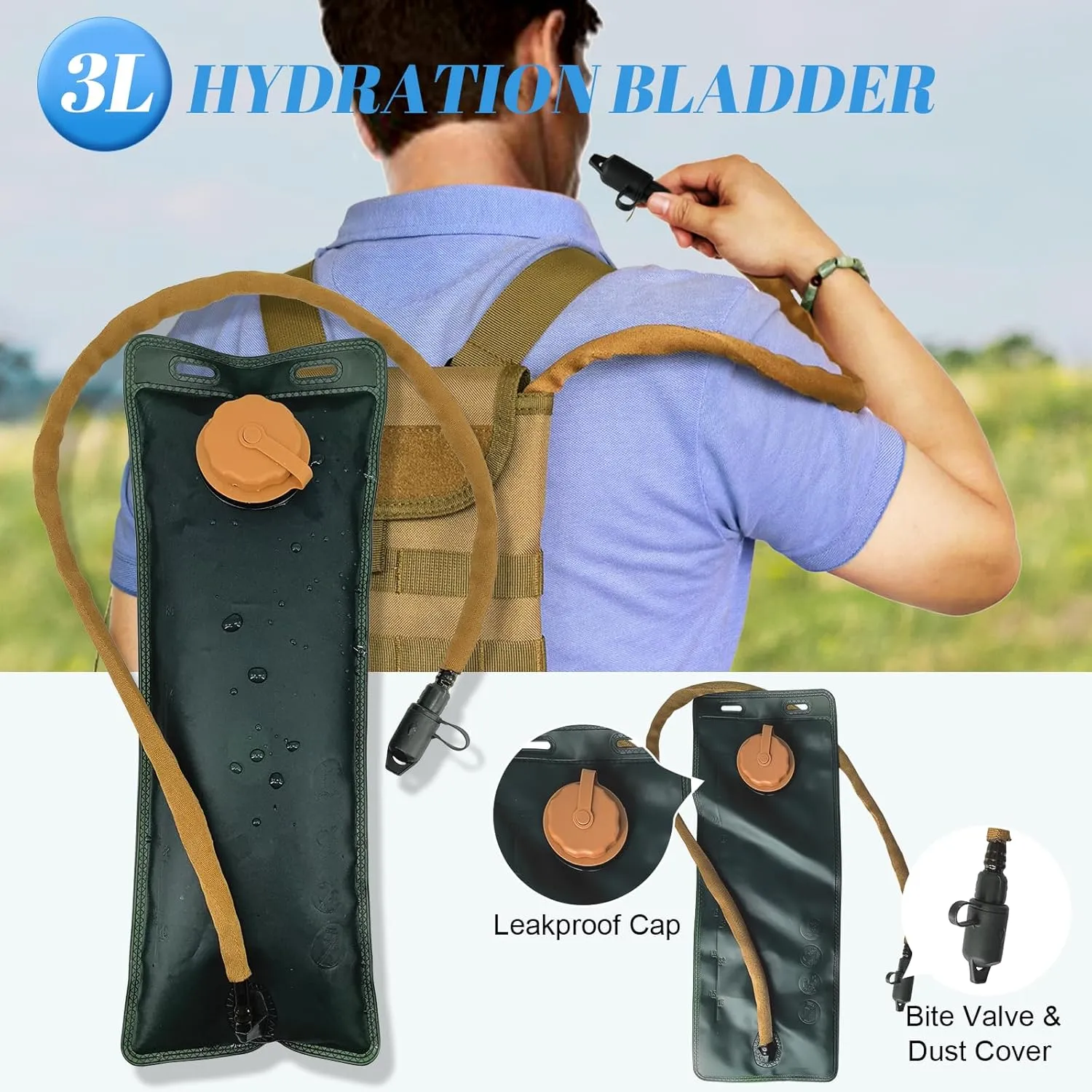 Tactical MOLLE Hydration Pack Carrier Backpack with 3L Water Bladder for Outdoor Sports, Khaki