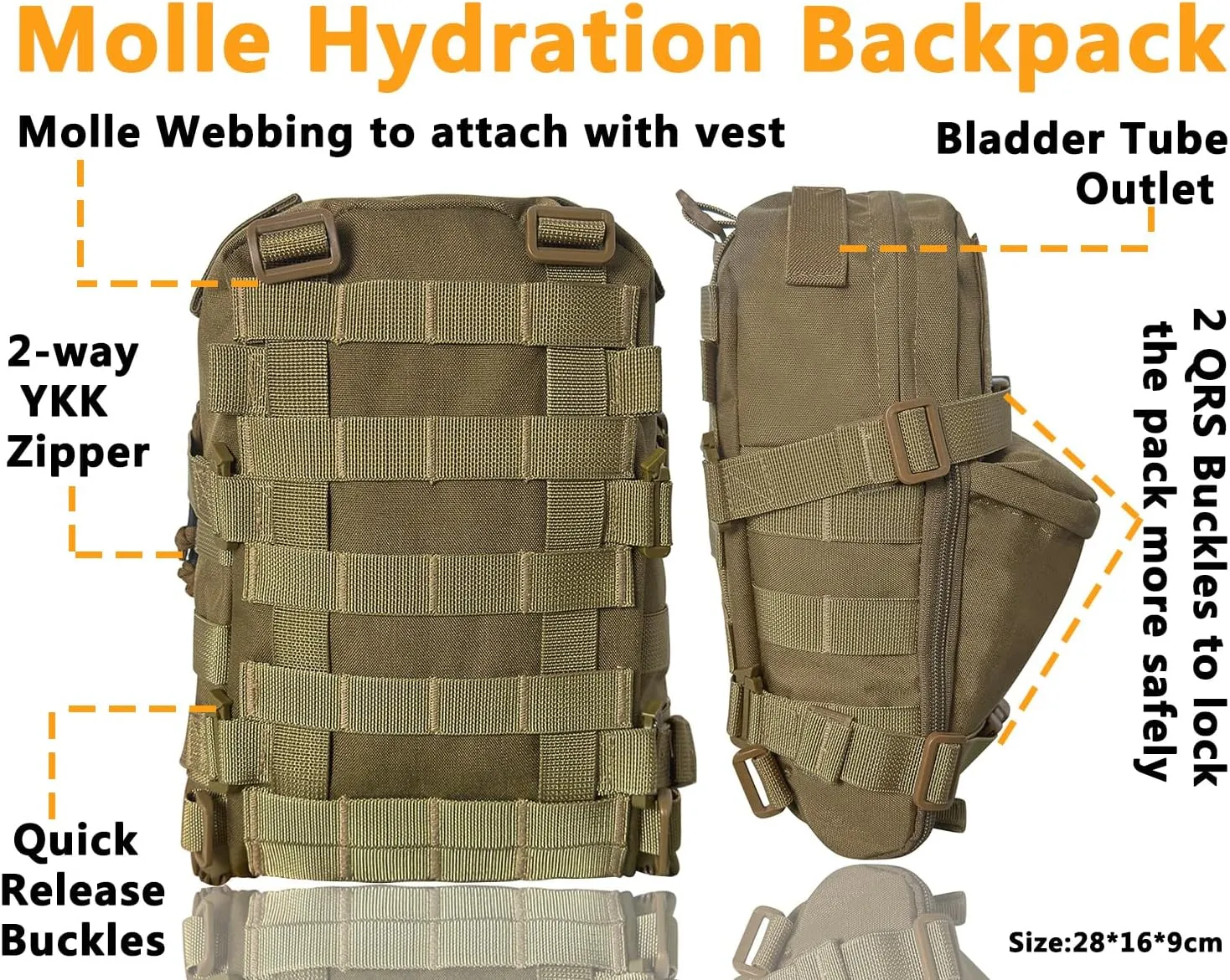 Tactical MOLLE Hydration Pack for 2L Hydration Water Bladder 500D Lightweight Nylon Hydration Pack for Hiking Running Biking and Climbing