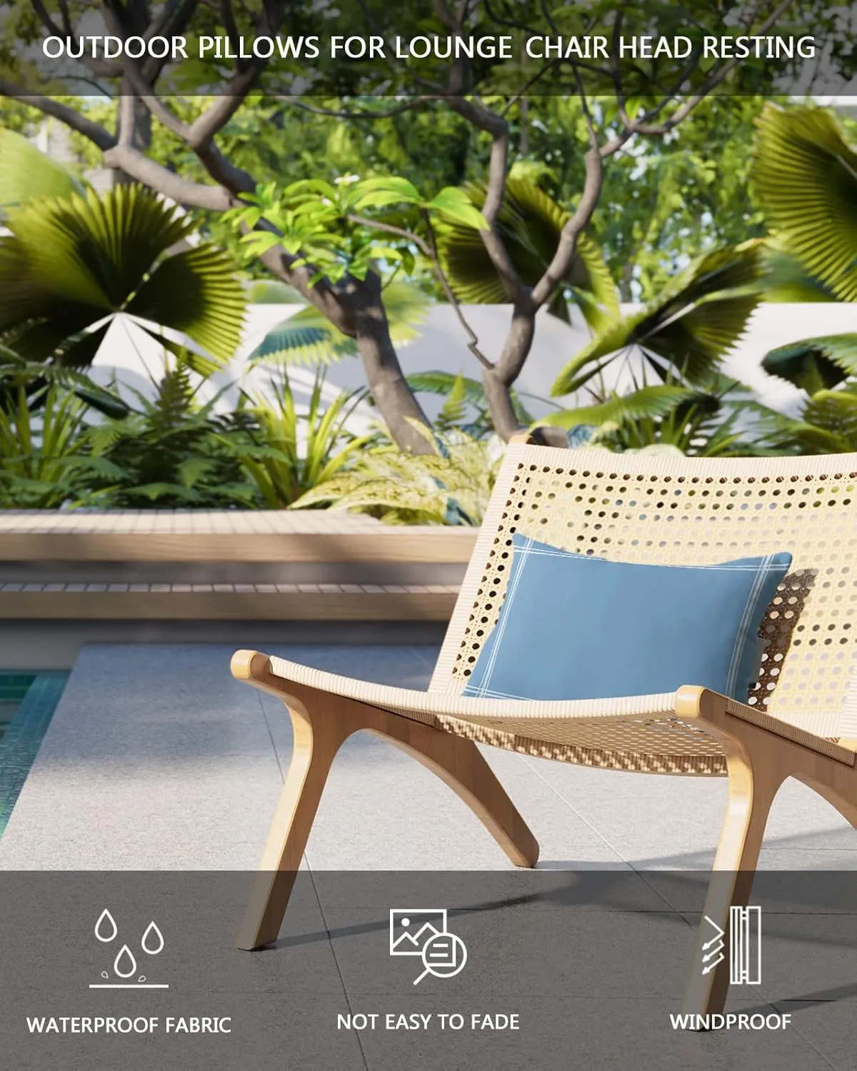 T&H XHome Outdoor Pillow for Chaise Lounge Chair, Solid Color Dusty Blue Waterproof Headrest Pillow Lumbar Pillows with Insert & Adjustable Elastic Strap for Beach, Poolside, Patio, Office (2 Pack)