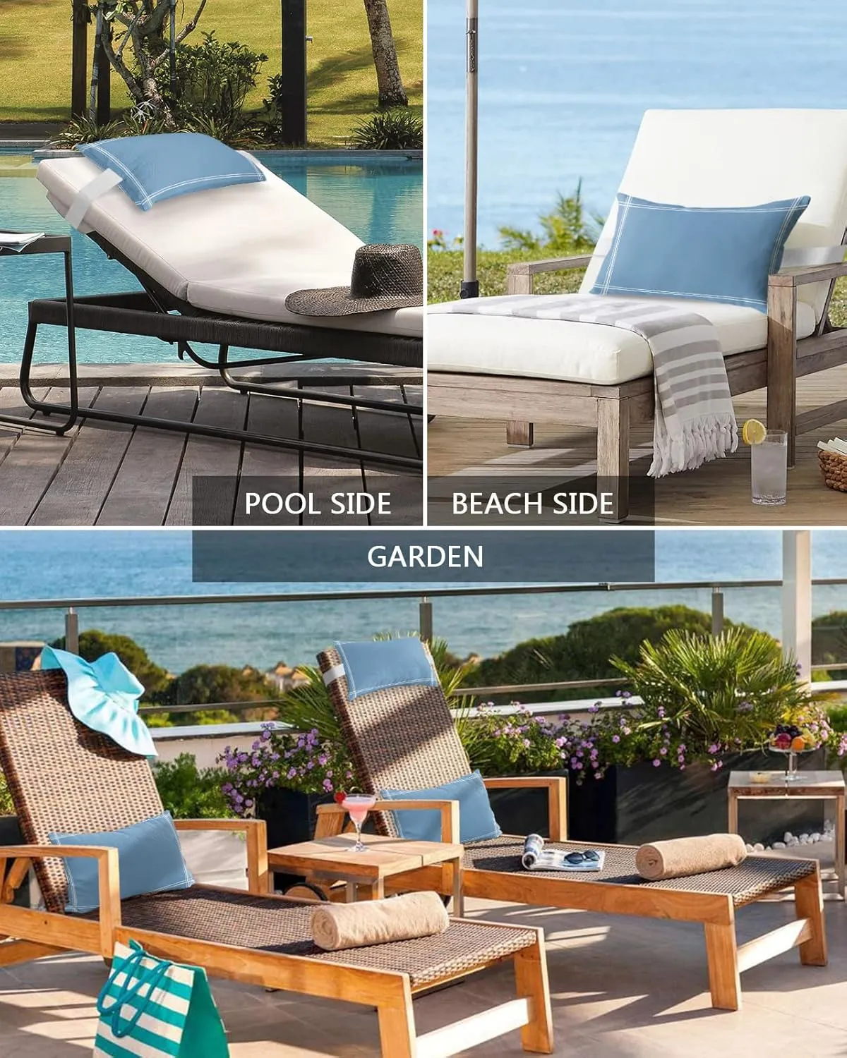 T&H XHome Outdoor Pillow for Chaise Lounge Chair, Solid Color Dusty Blue Waterproof Headrest Pillow Lumbar Pillows with Insert & Adjustable Elastic Strap for Beach, Poolside, Patio, Office (2 Pack)