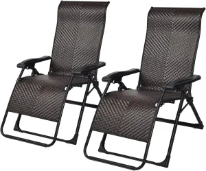 Tangkula 2 PCS Rattan Zero Gravity Chair, Outdoor Adjustable Folding Lounge Chair with Widened Armrest & Locking System, Heavy Duty Wicker Chaise Folding Recliner for Pool, Patio, Beach, Yard (2)