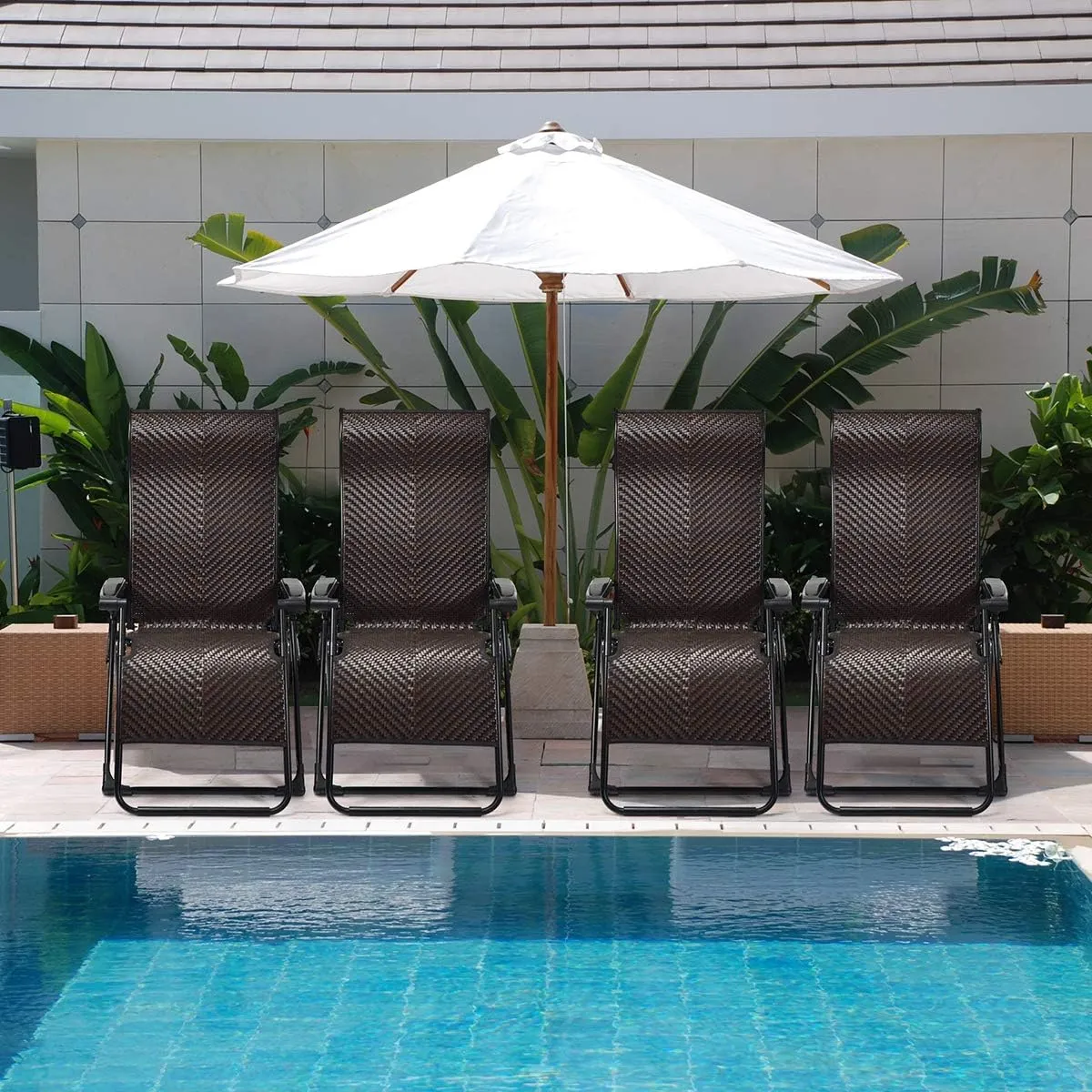 Tangkula 2 PCS Rattan Zero Gravity Chair, Outdoor Adjustable Folding Lounge Chair with Widened Armrest & Locking System, Heavy Duty Wicker Chaise Folding Recliner for Pool, Patio, Beach, Yard (2)
