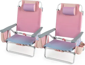 Tangkula Set of 2 Backpack Beach Chair, 5-Position Lay Flat Beach Chairs with Cooler Bag, 2 Cup Holders, Towel Bar, Lightweight Folding Beach Chair with Backpack Straps