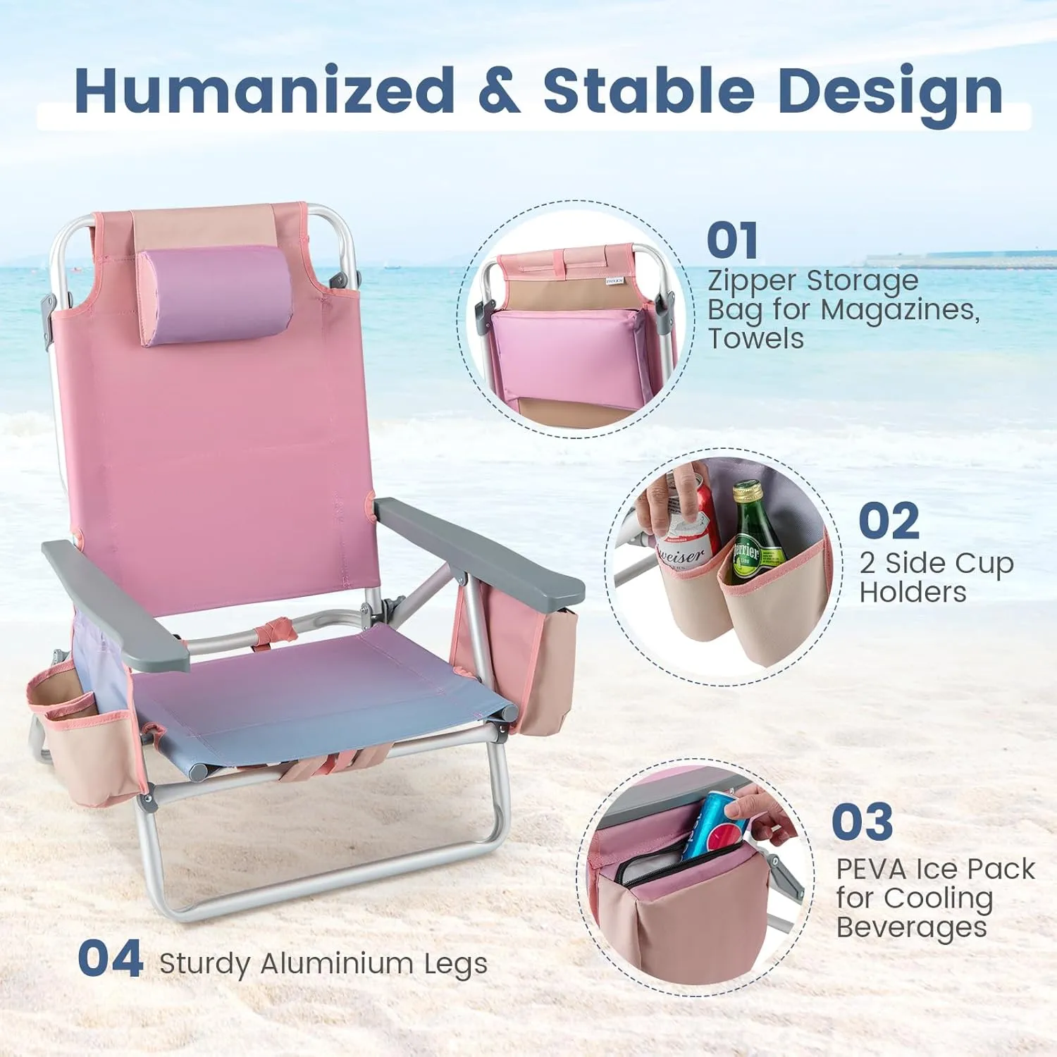 Tangkula Set of 2 Backpack Beach Chair, 5-Position Lay Flat Beach Chairs with Cooler Bag, 2 Cup Holders, Towel Bar, Lightweight Folding Beach Chair with Backpack Straps
