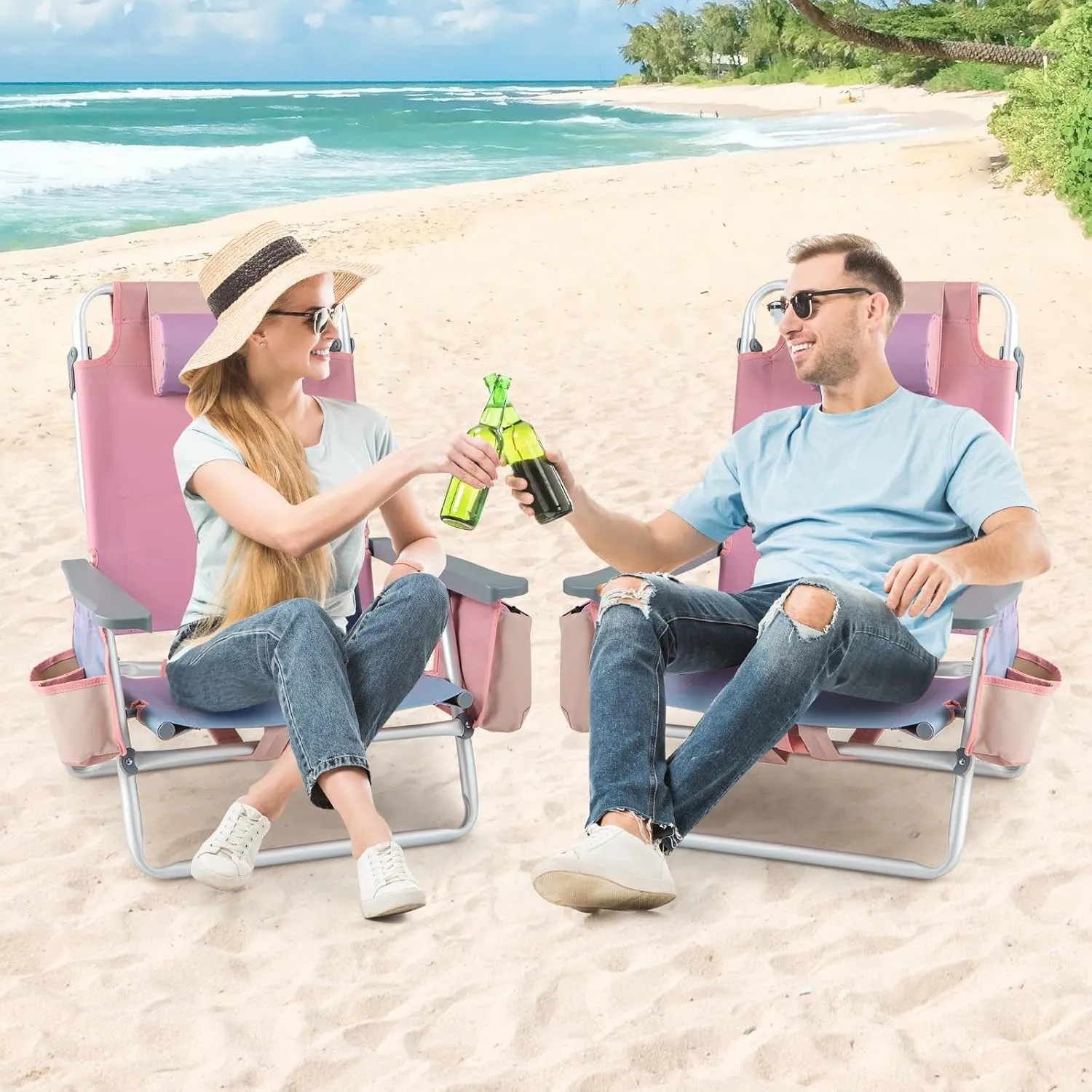 Tangkula Set of 2 Backpack Beach Chair, 5-Position Lay Flat Beach Chairs with Cooler Bag, 2 Cup Holders, Towel Bar, Lightweight Folding Beach Chair with Backpack Straps