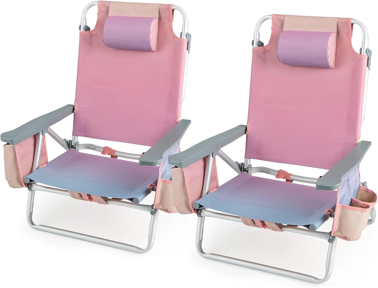 Tangkula Set of 2 Backpack Beach Chair, 5-Position Lay Flat Beach Chairs with Cooler Bag, 2 Cup Holders, Towel Bar, Lightweight Folding Beach Chair with Backpack Straps