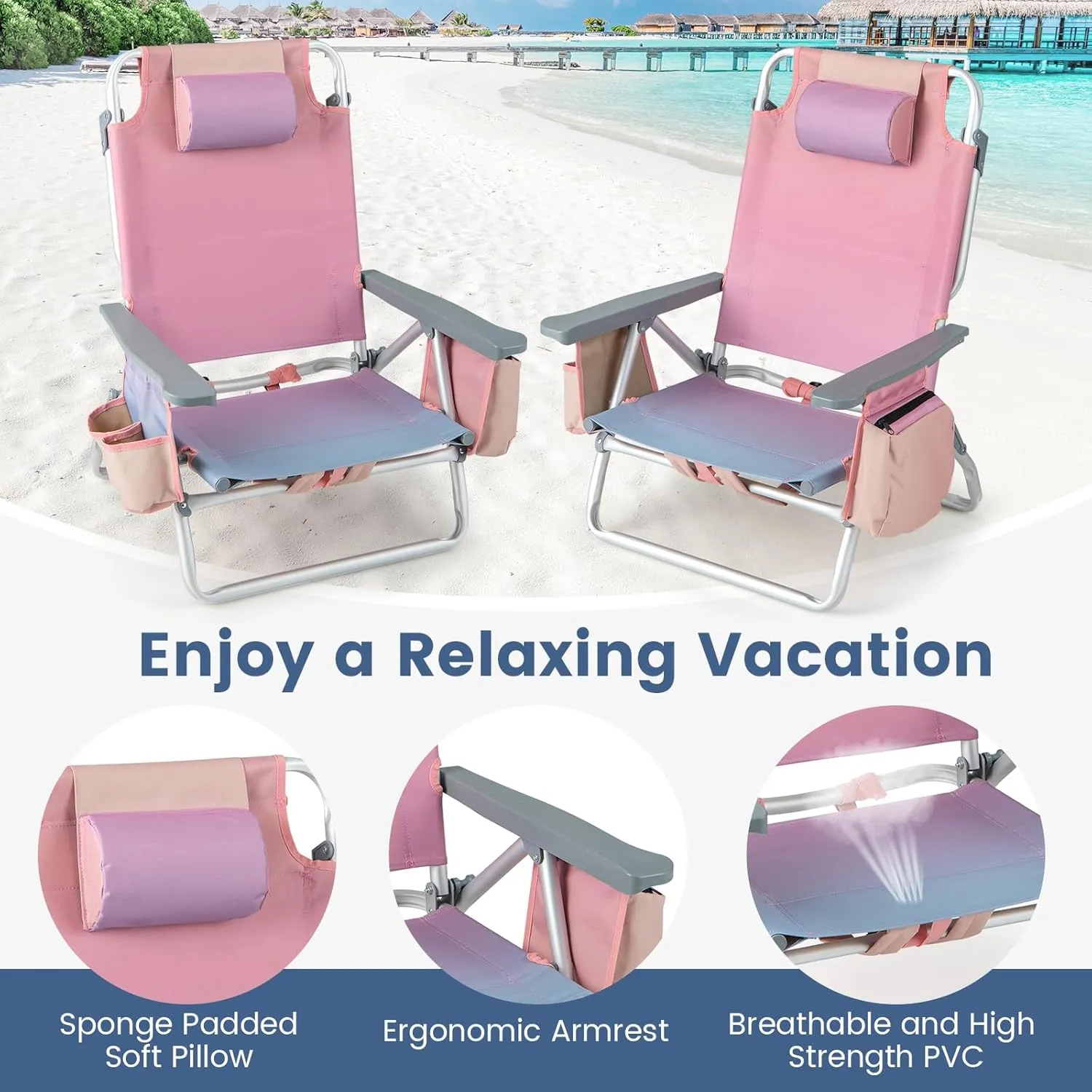 Tangkula Set of 2 Backpack Beach Chair, 5-Position Lay Flat Beach Chairs with Cooler Bag, 2 Cup Holders, Towel Bar, Lightweight Folding Beach Chair with Backpack Straps