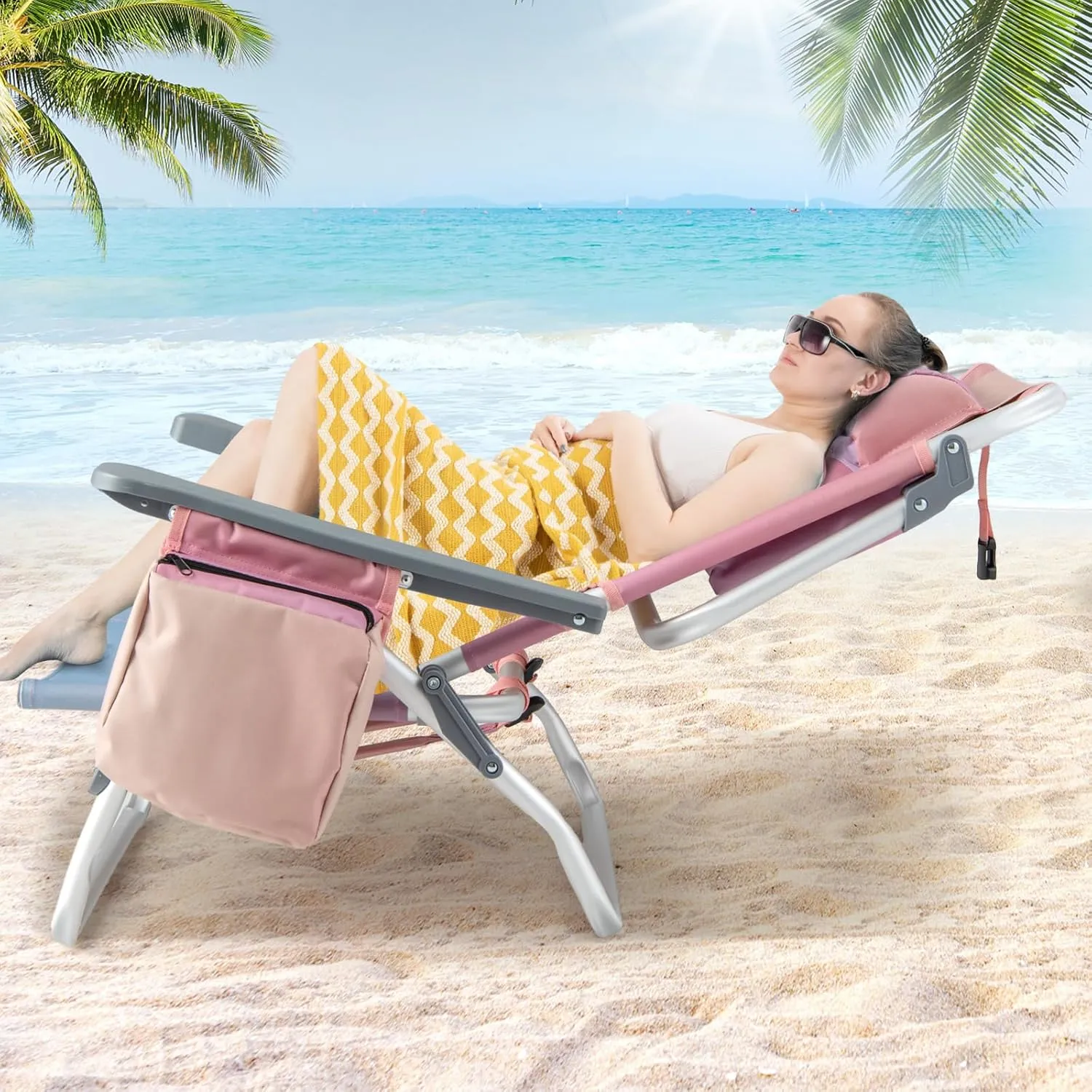 Tangkula Set of 2 Backpack Beach Chair, 5-Position Lay Flat Beach Chairs with Cooler Bag, 2 Cup Holders, Towel Bar, Lightweight Folding Beach Chair with Backpack Straps