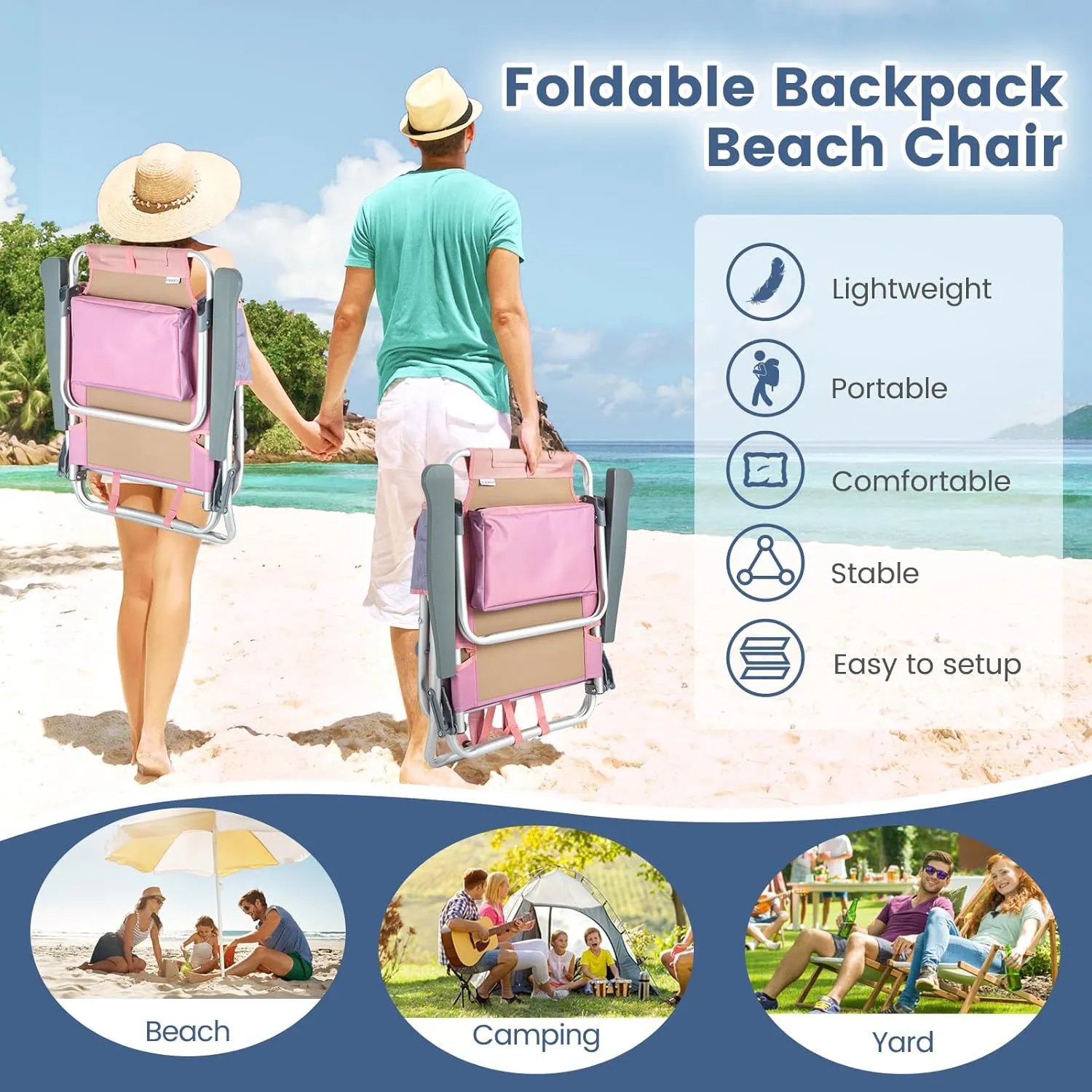 Tangkula Set of 2 Backpack Beach Chair, 5-Position Lay Flat Beach Chairs with Cooler Bag, 2 Cup Holders, Towel Bar, Lightweight Folding Beach Chair with Backpack Straps