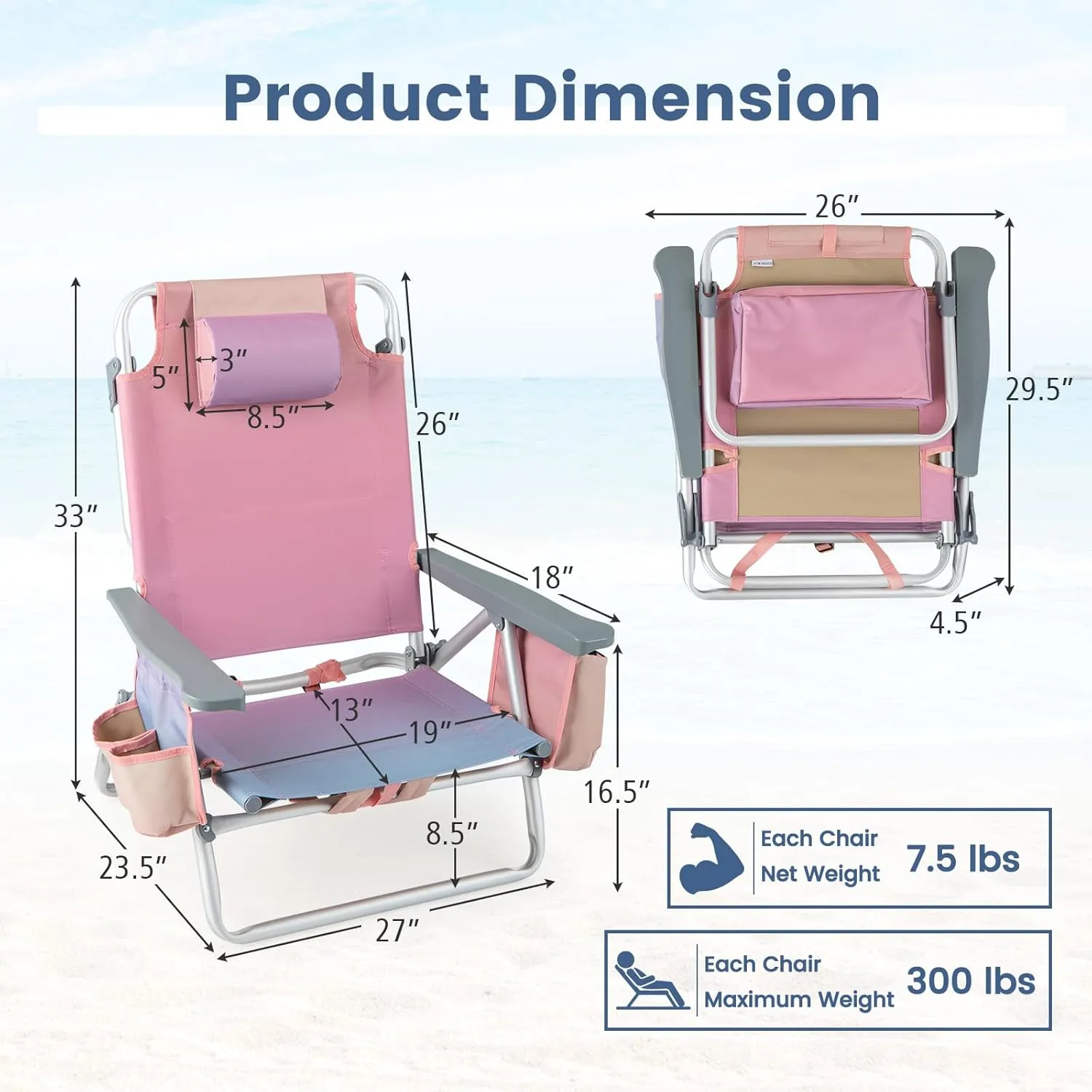 Tangkula Set of 2 Backpack Beach Chair, 5-Position Lay Flat Beach Chairs with Cooler Bag, 2 Cup Holders, Towel Bar, Lightweight Folding Beach Chair with Backpack Straps
