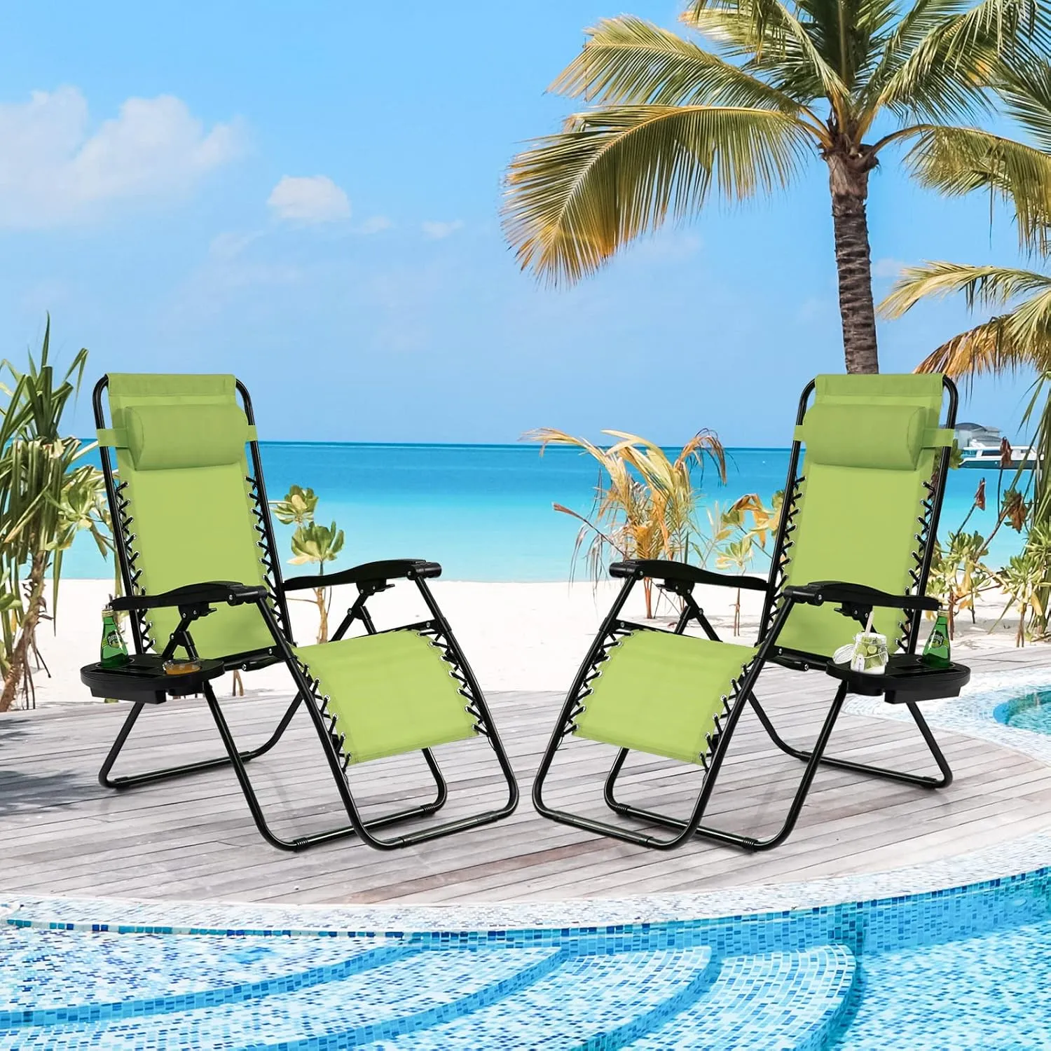 Tangkula Zero Gravity Chair, Folding Patio Lounge Chair Adjustable Outdoor Recliner with Cup Holder, Wide Armrest for Patio Garden Poolside Outdoor Yard Beach, Support 350 lbs (1, Green)