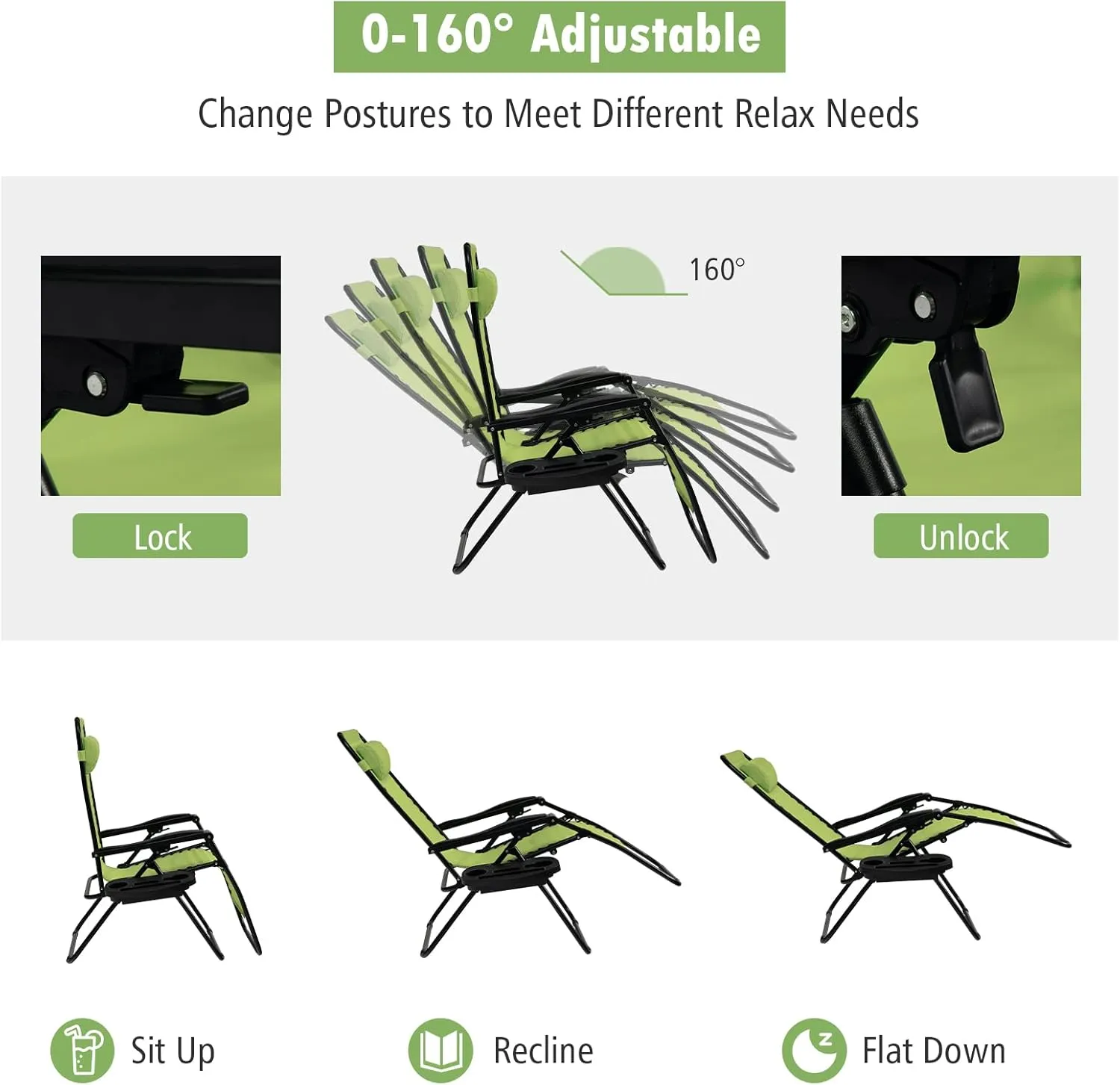 Tangkula Zero Gravity Chair, Folding Patio Lounge Chair Adjustable Outdoor Recliner with Cup Holder, Wide Armrest for Patio Garden Poolside Outdoor Yard Beach, Support 350 lbs (1, Green)