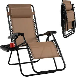 Tangkula Zero Gravity Chair, Folding Patio Lounge Chair Adjustable Outdoor Recliner with Cup Holder, Wide Armrest for Patio Garden Poolside Outdoor Yard Beach, Support 350 lbs (1, Light Brown)