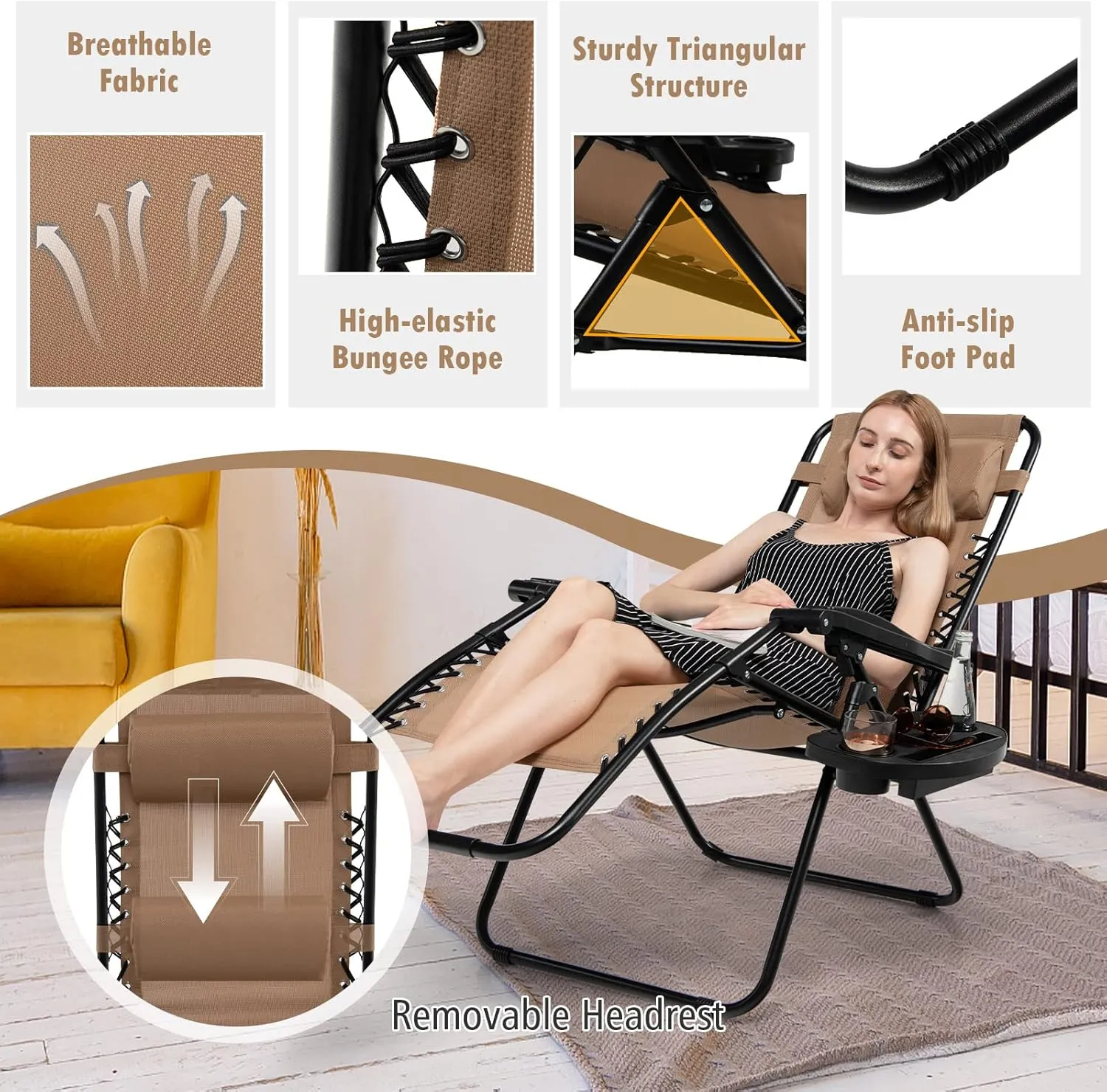 Tangkula Zero Gravity Chair, Folding Patio Lounge Chair Adjustable Outdoor Recliner with Cup Holder, Wide Armrest for Patio Garden Poolside Outdoor Yard Beach, Support 350 lbs (1, Light Brown)