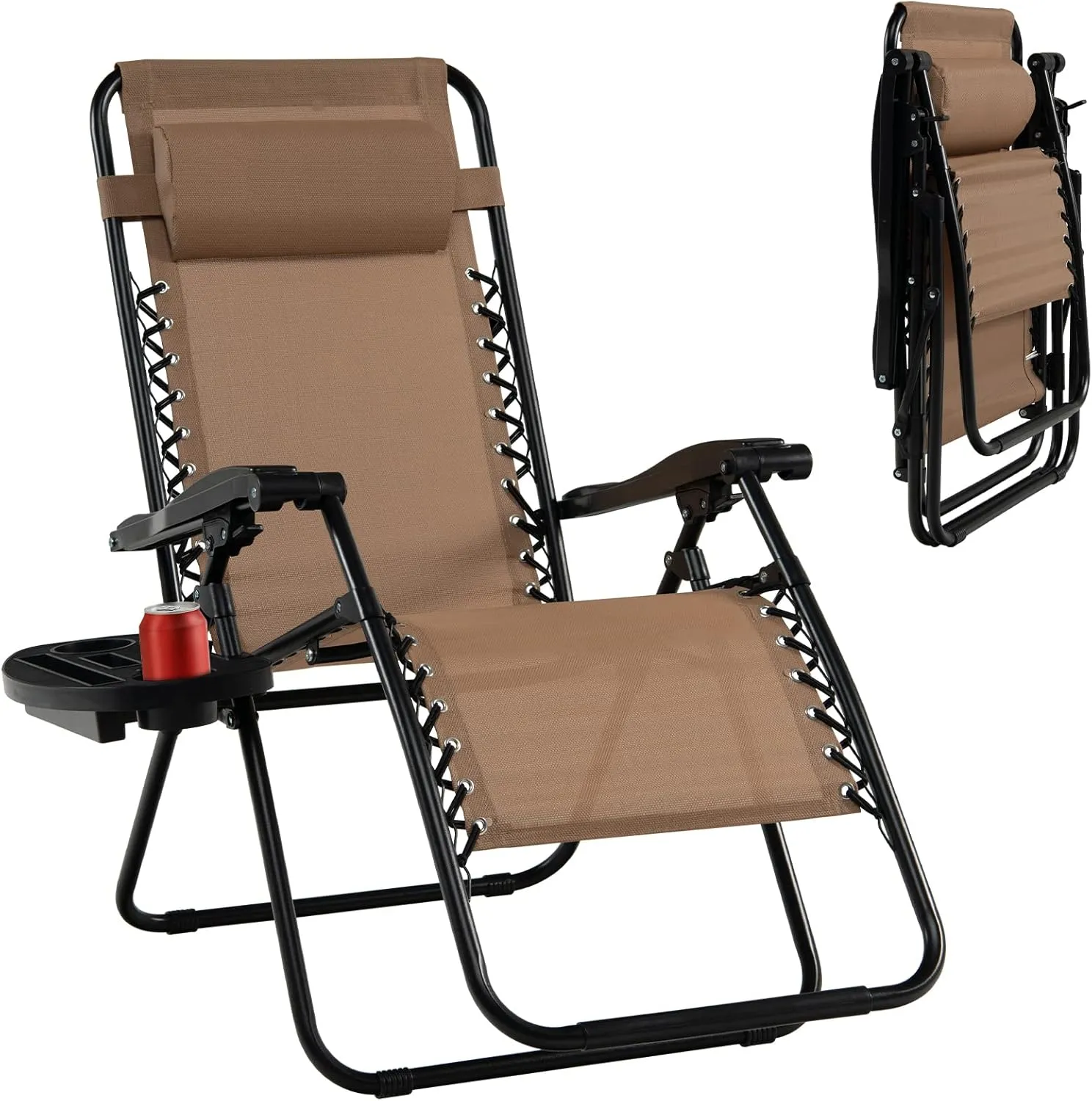 Tangkula Zero Gravity Chair, Folding Patio Lounge Chair Adjustable Outdoor Recliner with Cup Holder, Wide Armrest for Patio Garden Poolside Outdoor Yard Beach, Support 350 lbs (1, Light Brown)