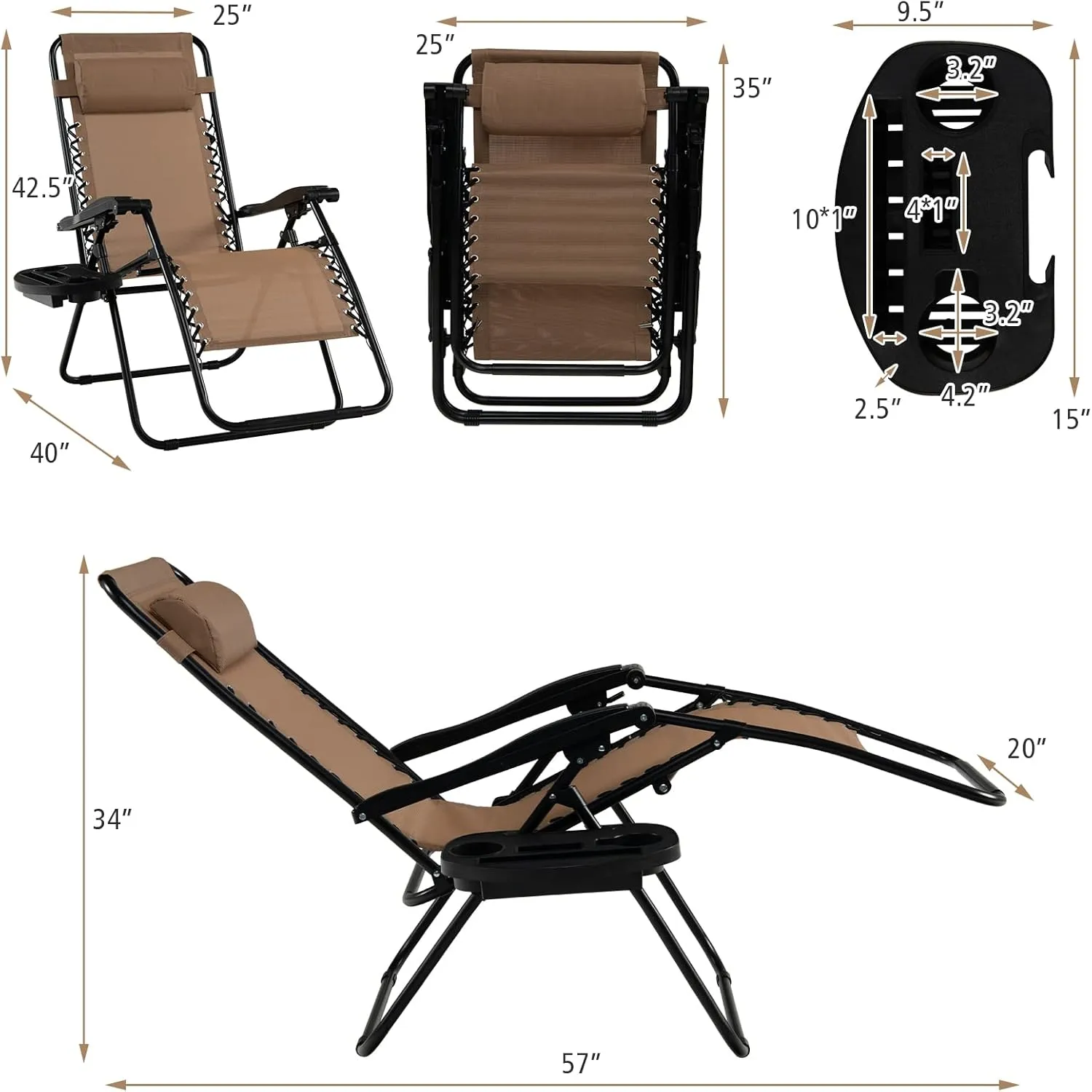 Tangkula Zero Gravity Chair, Folding Patio Lounge Chair Adjustable Outdoor Recliner with Cup Holder, Wide Armrest for Patio Garden Poolside Outdoor Yard Beach, Support 350 lbs (1, Light Brown)