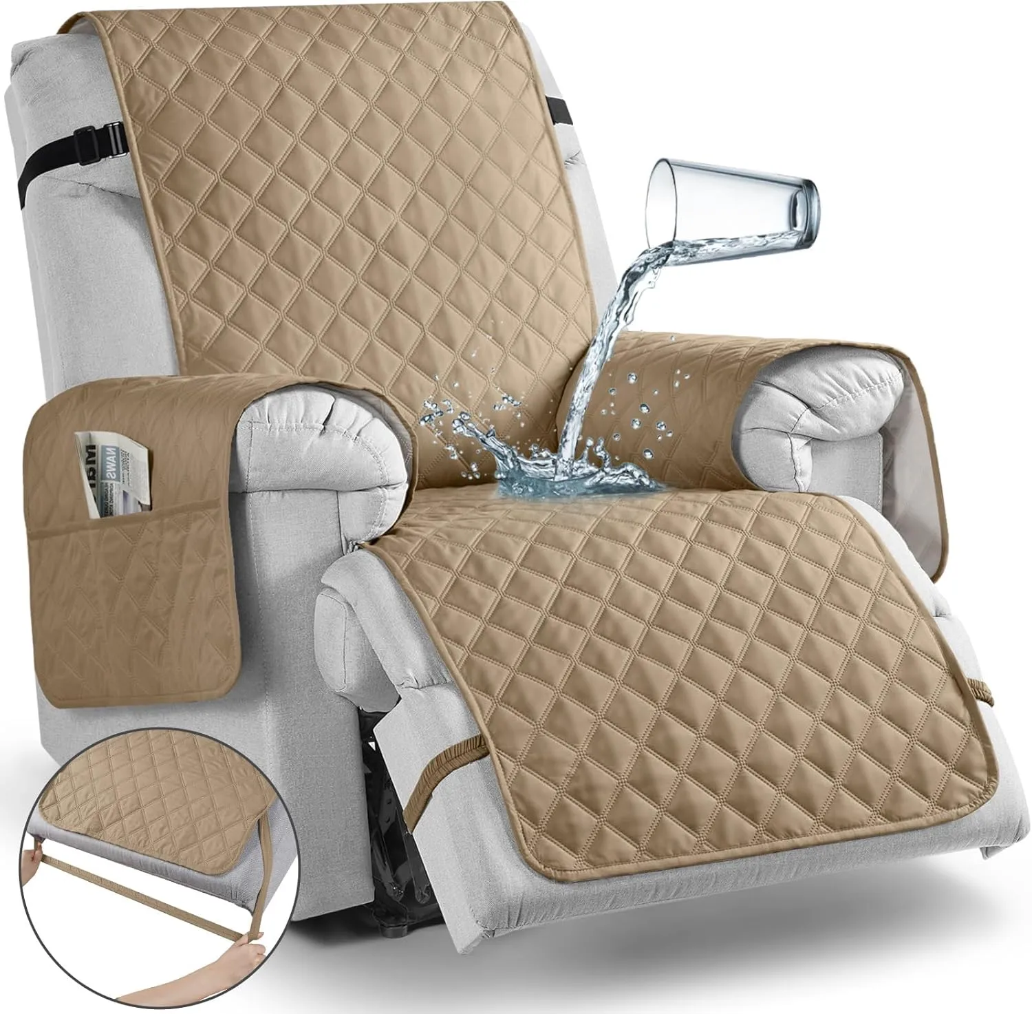 TAOCOCO Non-Slip Recliner Chair Cover Sofa Slipcover, Pet Cover for Large Recliner with Elastic Straps, Washable Chair Seat Cover Recliner Chair Furniture Protector (28'' Oversized, Camel)