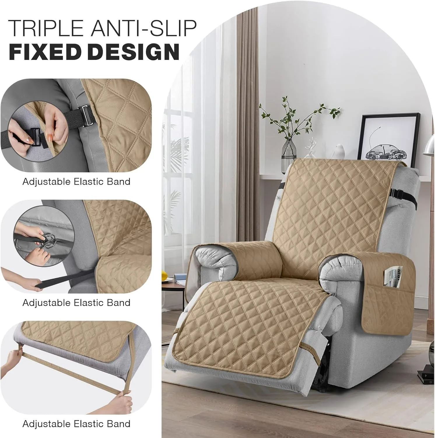 TAOCOCO Non-Slip Recliner Chair Cover Sofa Slipcover, Pet Cover for Large Recliner with Elastic Straps, Washable Chair Seat Cover Recliner Chair Furniture Protector (28'' Oversized, Camel)