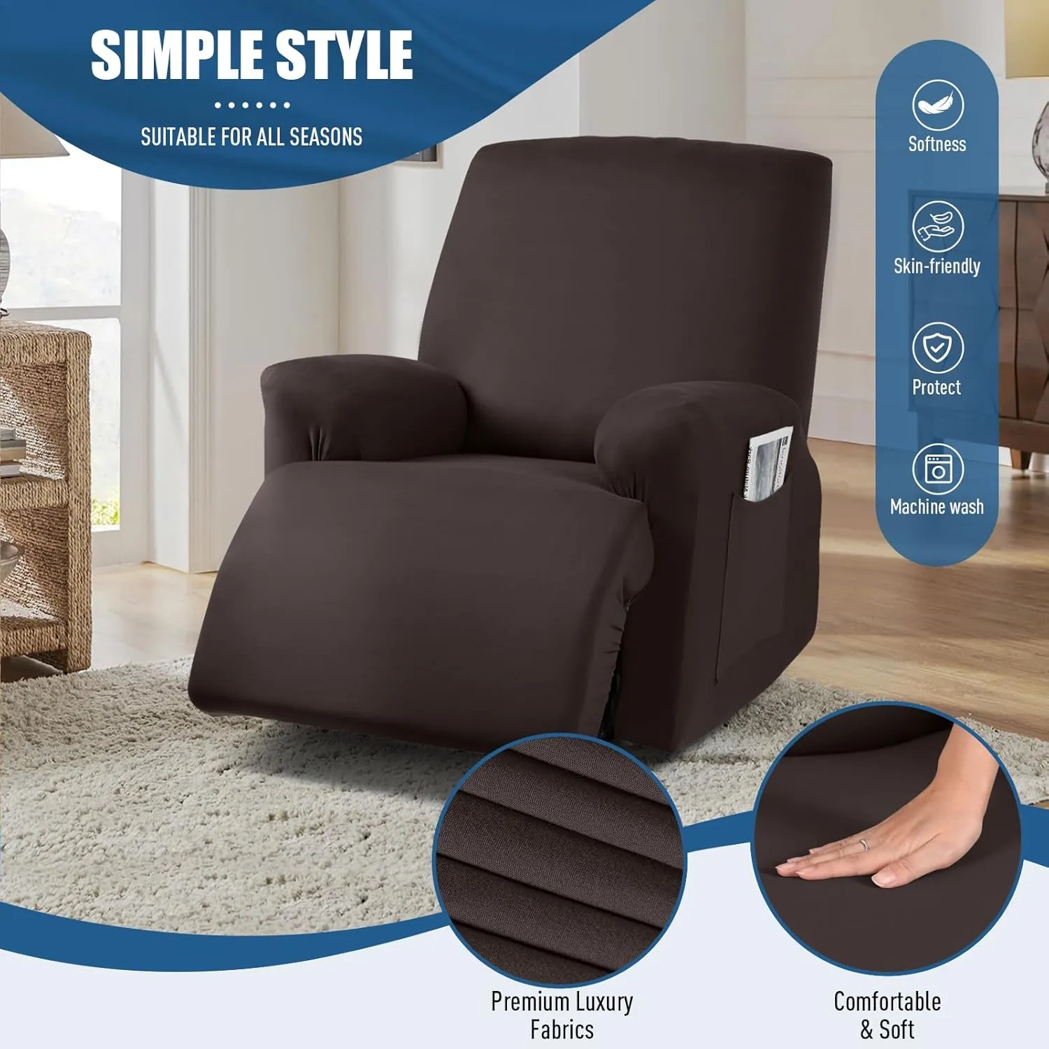 TAOCOCO Recliner Chair Covers Stretch Polyester Fabric 3-Piece for Large Recliners, Soft, Breathable and Skin-Friendly Furniture Protector - Fits Most Recliner Sizes (Coffee)