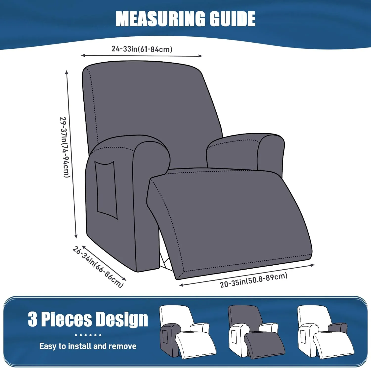 TAOCOCO Recliner Chair Covers Stretch Polyester Fabric 3-Piece for Large Recliners, Soft, Breathable and Skin-Friendly Furniture Protector - Fits Most Recliner Sizes (Coffee)