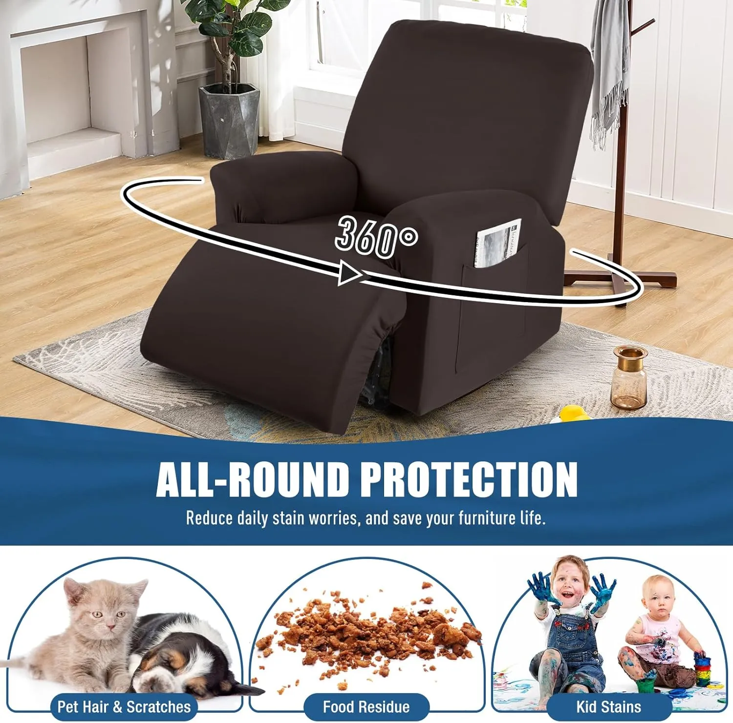 TAOCOCO Recliner Chair Covers Stretch Polyester Fabric 3-Piece for Large Recliners, Soft, Breathable and Skin-Friendly Furniture Protector - Fits Most Recliner Sizes (Coffee)