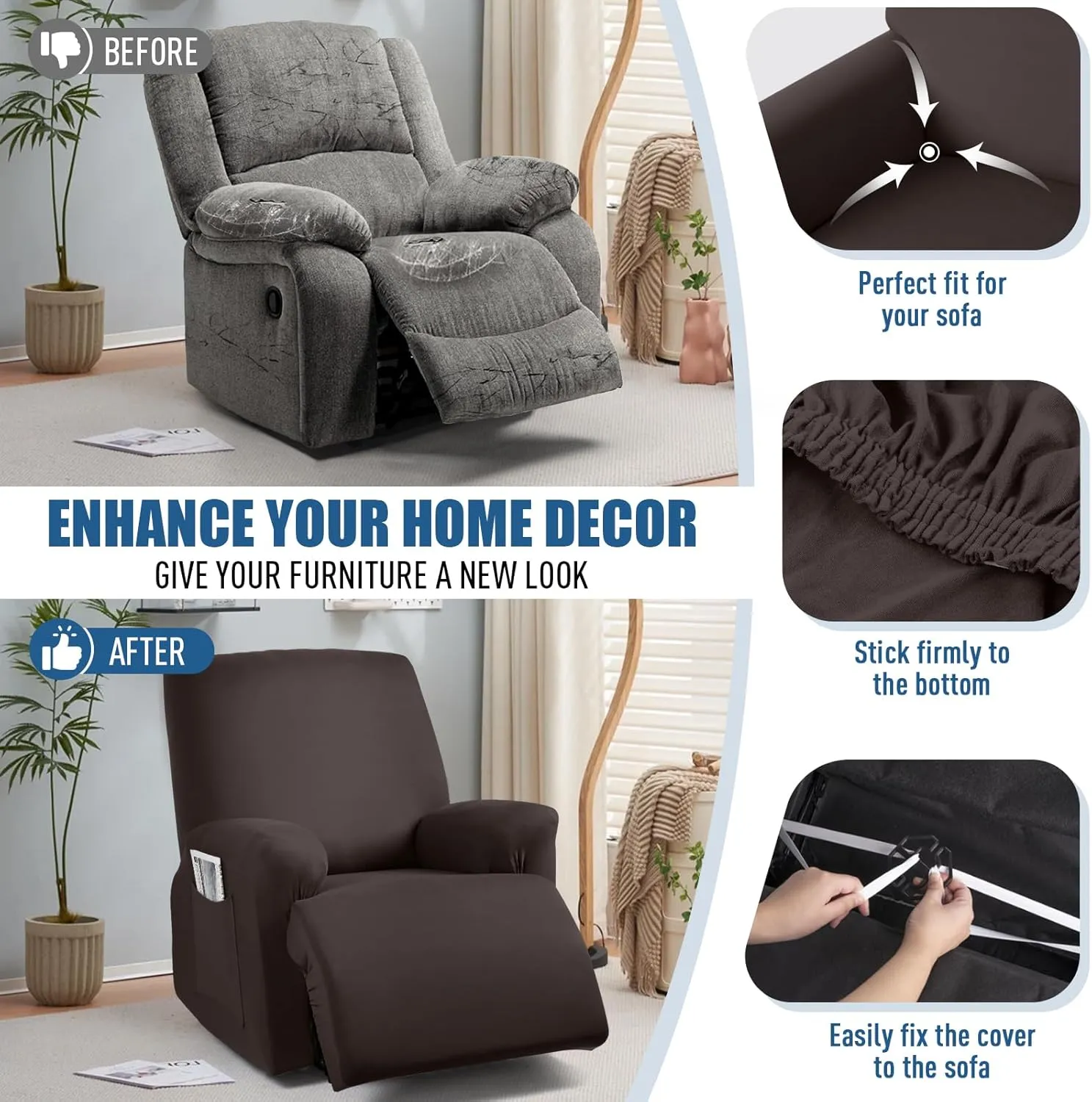 TAOCOCO Recliner Chair Covers Stretch Polyester Fabric 3-Piece for Large Recliners, Soft, Breathable and Skin-Friendly Furniture Protector - Fits Most Recliner Sizes (Coffee)
