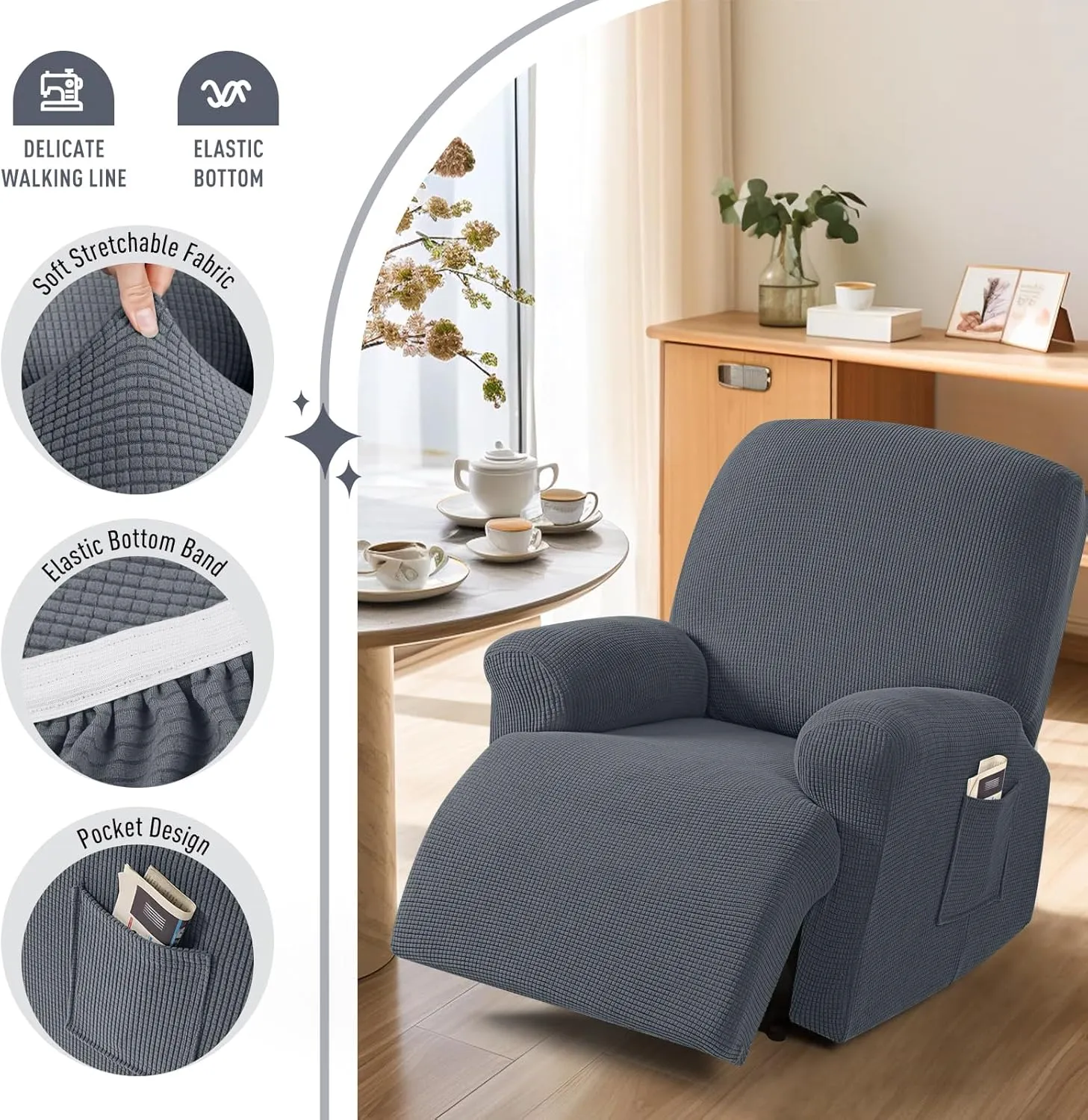 TAOCOCO Recliner Cover 4-Pieces, Recliner Stretch Sofa Slipcover, Recliner Cover 1 Seat, Couch Protector Soft, Furniture Protector Covers with Elastic,Chair Covers Jacquard Pattern (Grey)