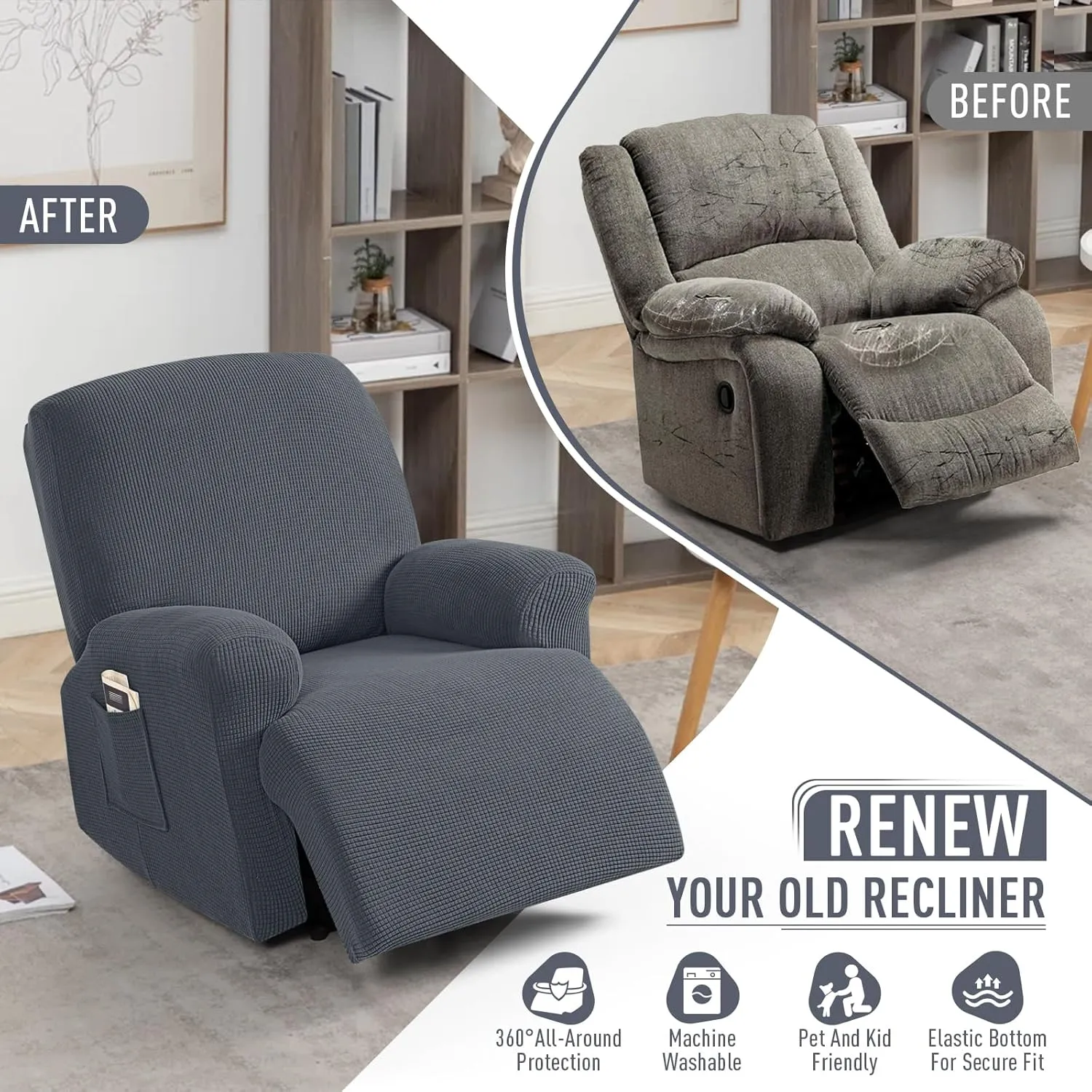 TAOCOCO Recliner Cover 4-Pieces, Recliner Stretch Sofa Slipcover, Recliner Cover 1 Seat, Couch Protector Soft, Furniture Protector Covers with Elastic,Chair Covers Jacquard Pattern (Grey)