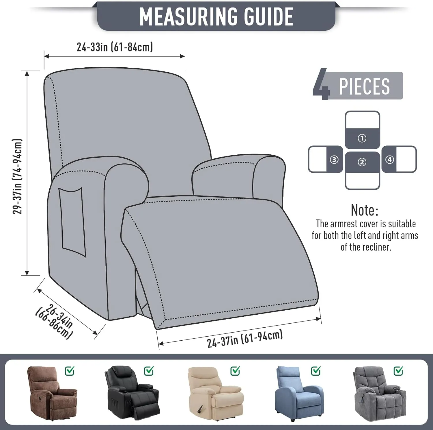 TAOCOCO Recliner Cover 4-Pieces, Recliner Stretch Sofa Slipcover, Recliner Cover 1 Seat, Couch Protector Soft, Furniture Protector Covers with Elastic,Chair Covers Jacquard Pattern (Grey)