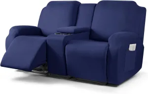 TAOCOCO Recliner Loveseat Cover with Middle Console 4 Pieces Recliner Sofa Cover Polyester Fabric Stretch Loveseat Reclining Sofa Covers, Washable (Dark Blue, 2 Seat Recliner Cover with Console)