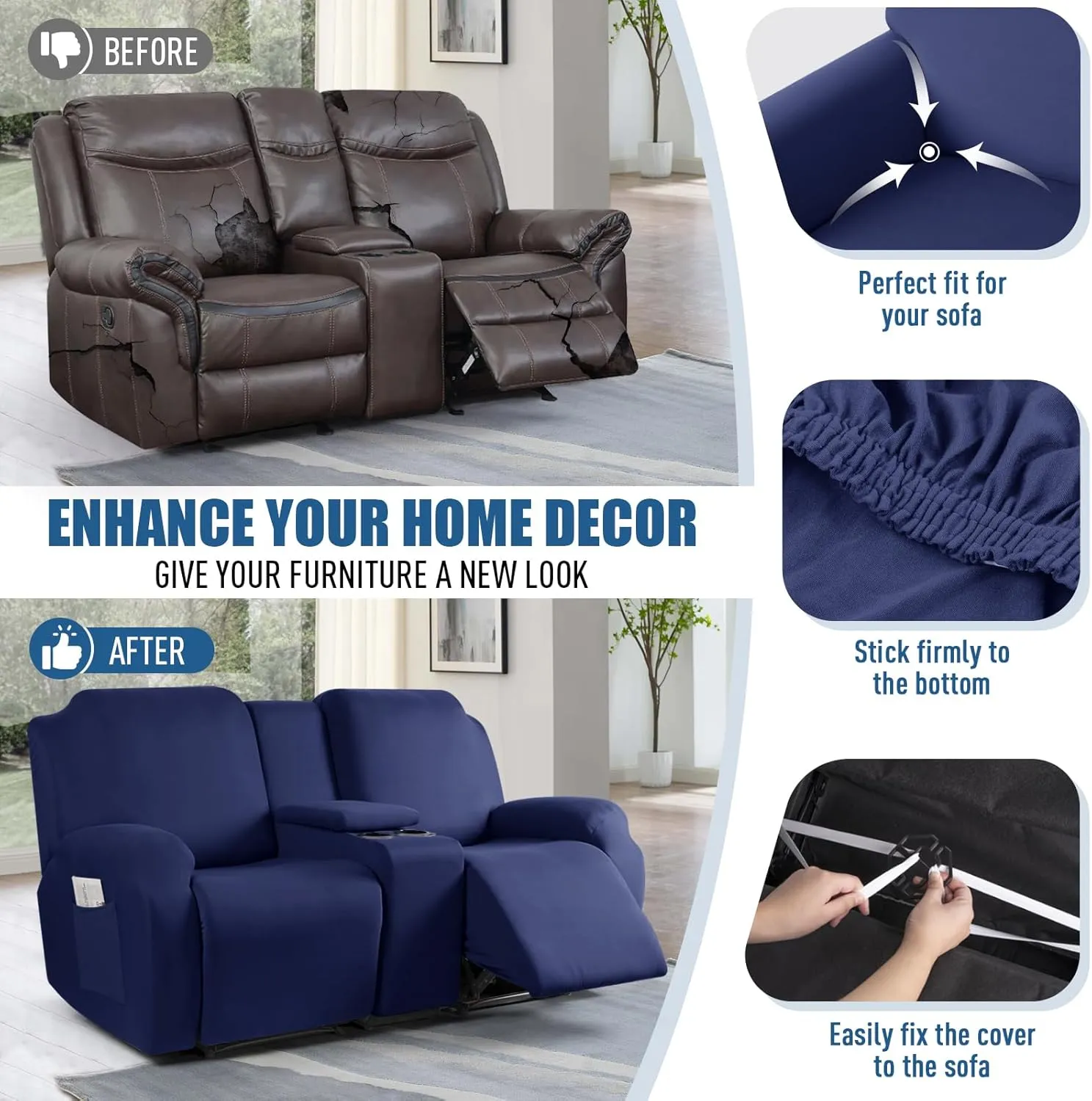 TAOCOCO Recliner Loveseat Cover with Middle Console 4 Pieces Recliner Sofa Cover Polyester Fabric Stretch Loveseat Reclining Sofa Covers, Washable (Dark Blue, 2 Seat Recliner Cover with Console)