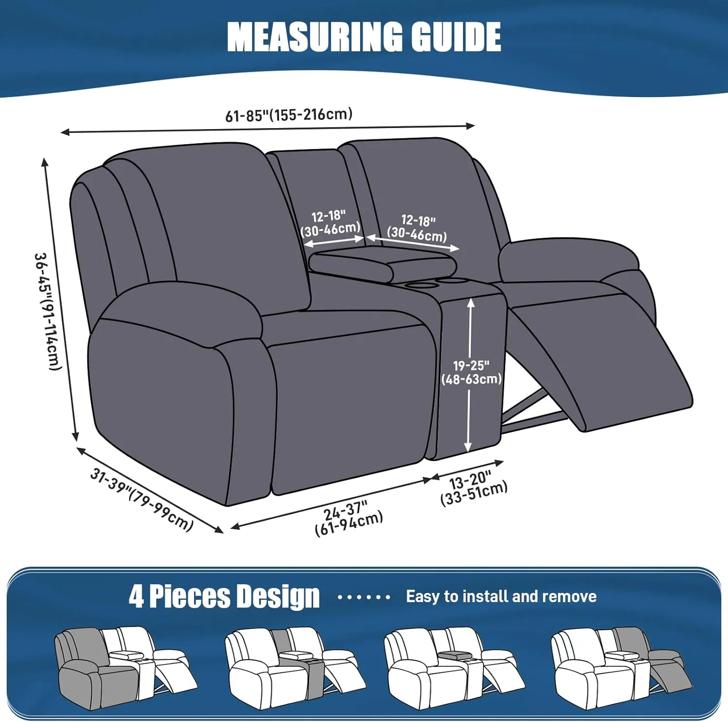 TAOCOCO Recliner Loveseat Cover with Middle Console 4 Pieces Recliner Sofa Cover Polyester Fabric Stretch Loveseat Reclining Sofa Covers, Washable (Dark Blue, 2 Seat Recliner Cover with Console)