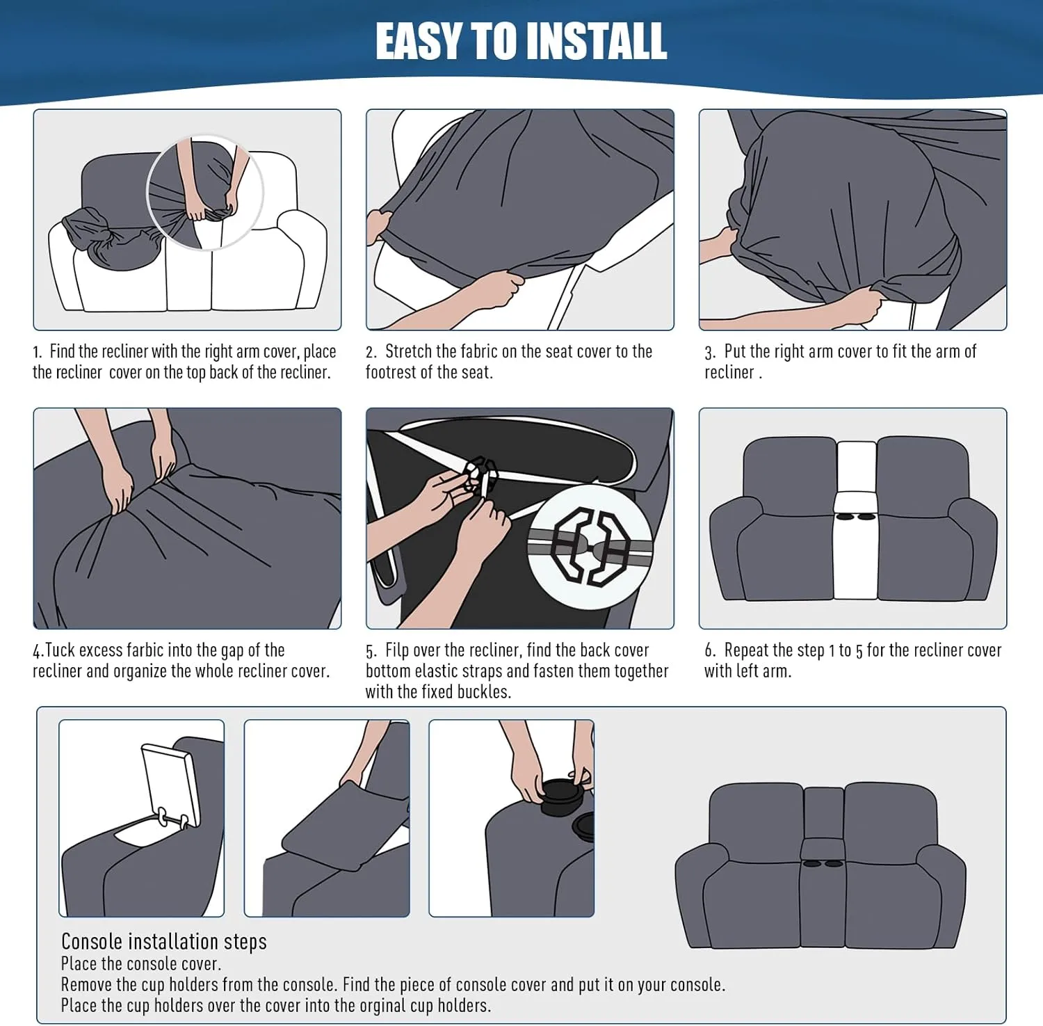 TAOCOCO Recliner Loveseat Cover with Middle Console 4 Pieces Recliner Sofa Cover Polyester Fabric Stretch Loveseat Reclining Sofa Covers, Washable (Dark Blue, 2 Seat Recliner Cover with Console)